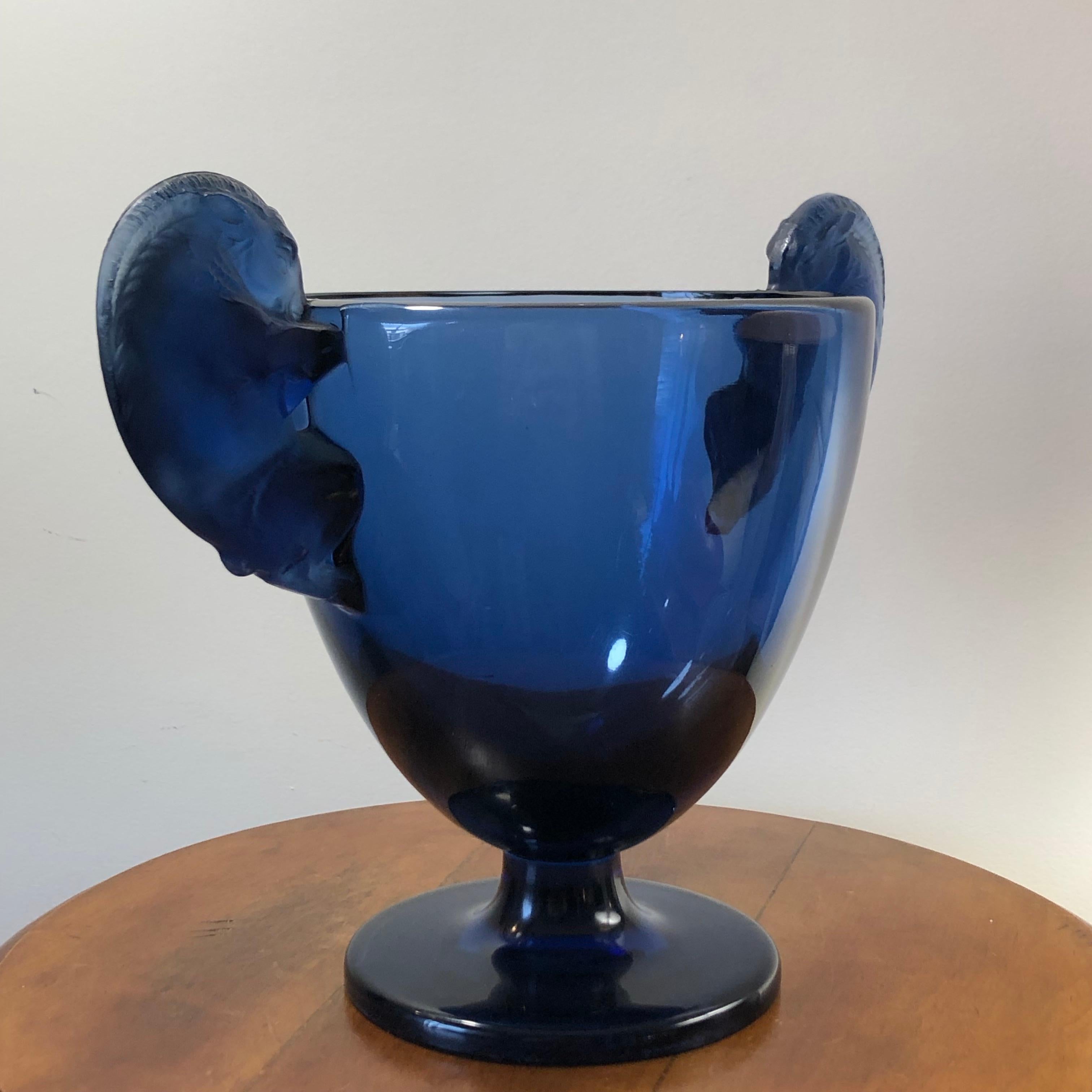 Art Deco 1925 René Lalique Béliers Vase in Dark Blue Glass, Rams