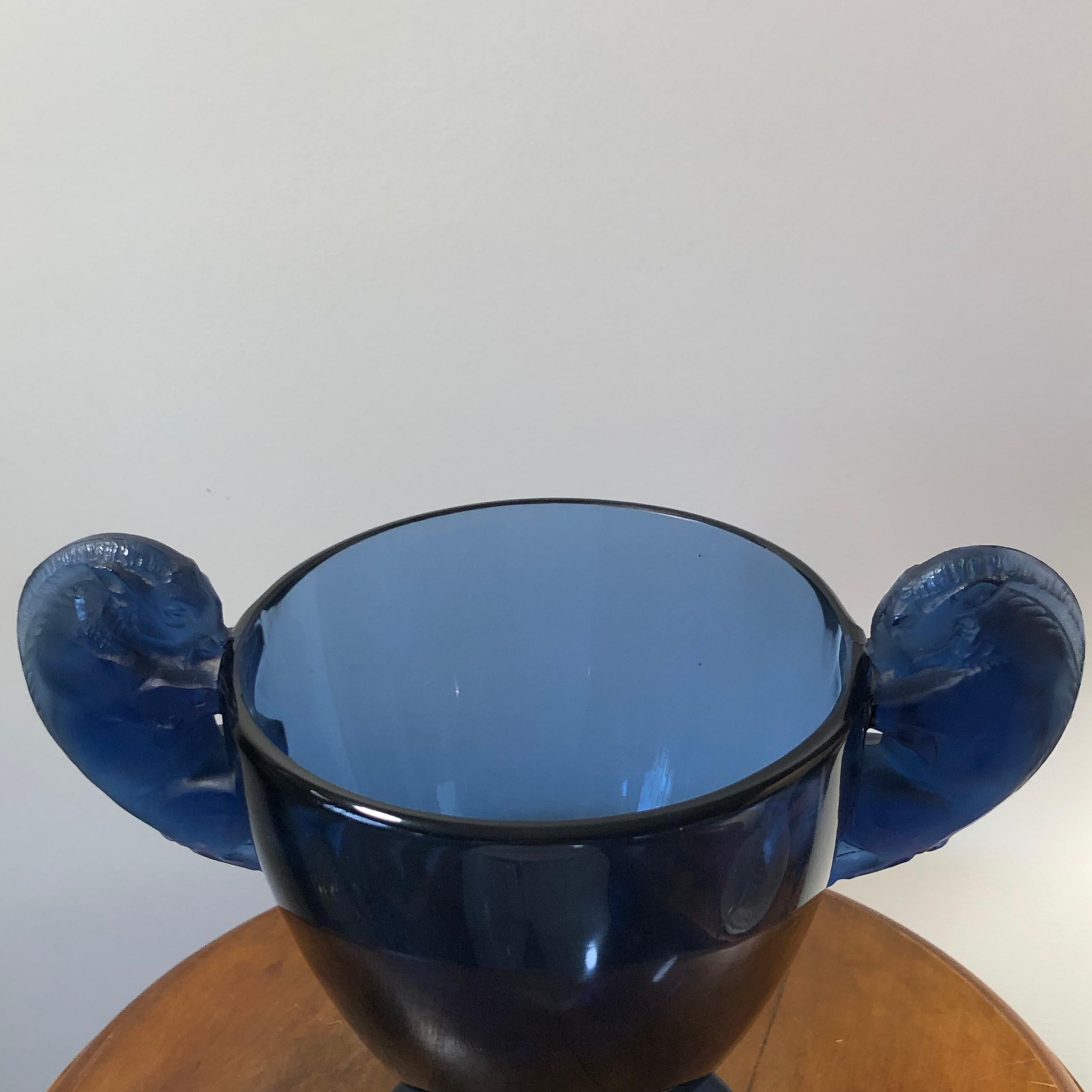 French 1925 René Lalique Béliers Vase in Dark Blue Glass, Rams