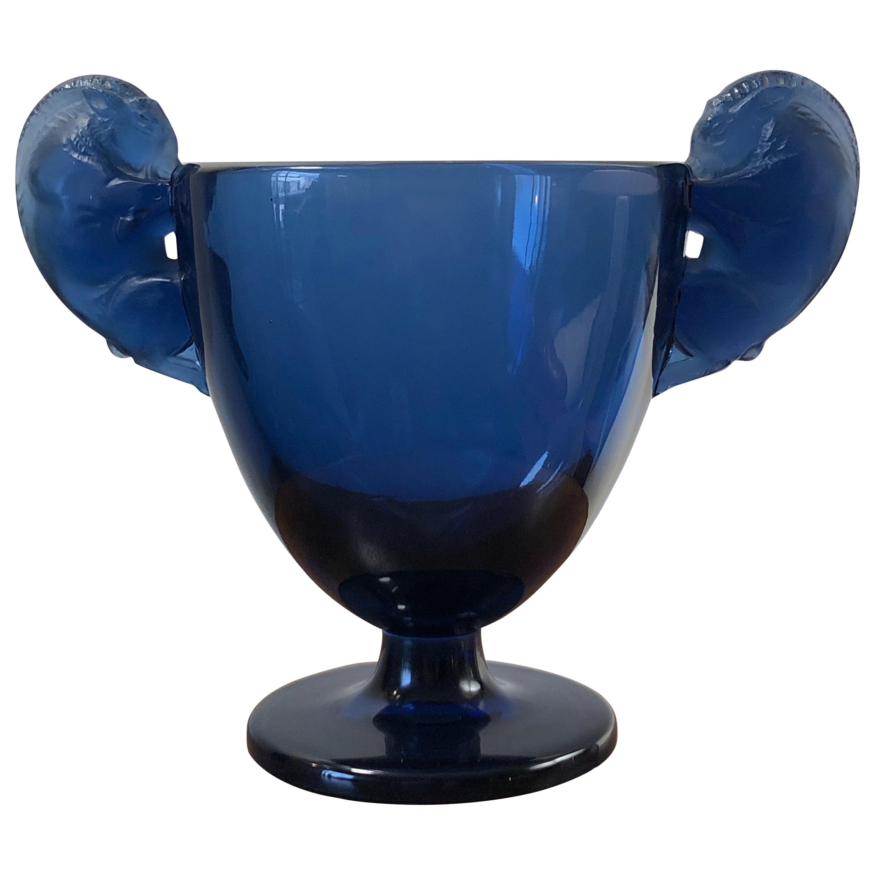 1925 René Lalique Béliers Vase in Dark Blue Glass, Rams