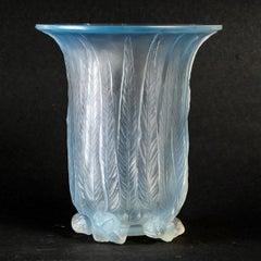 1925 René Lalique Eucalyptus Vase in Opalescent Glass with Blue Patina