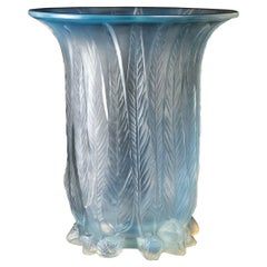 1925 René Lalique Eucalyptus Vase in Opalescent Glass with Blue Patina 1925 René Lalique Eucalyptus Vase in Opalescent Glass with Blue Patina