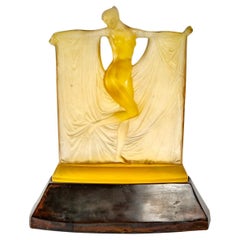 1925 René Lalique, Statuette Suzanne Yellow Amber Glass, Lacquered Bronze Base