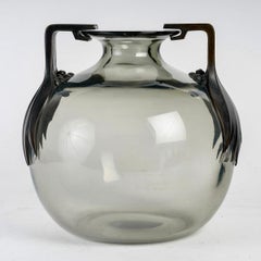 1925 Rene Lalique Vase Senlis Grey Glass with Bronze Handles