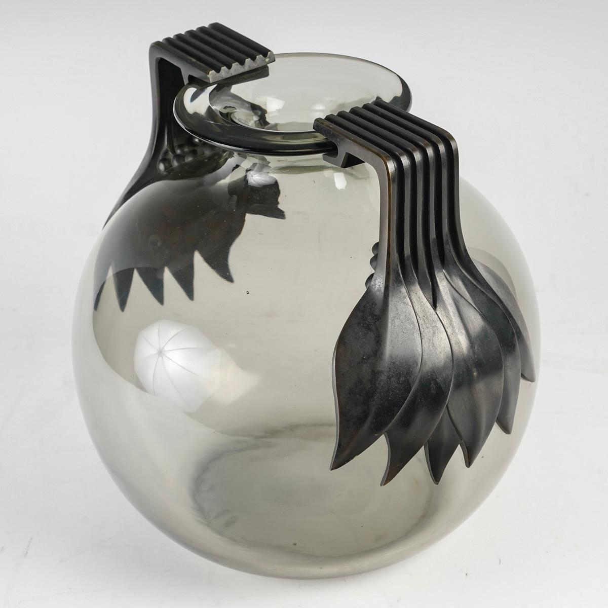 Art Deco 1925 Rene Lalique Vase Senlis Grey Glass with Bronze Handles For Sale