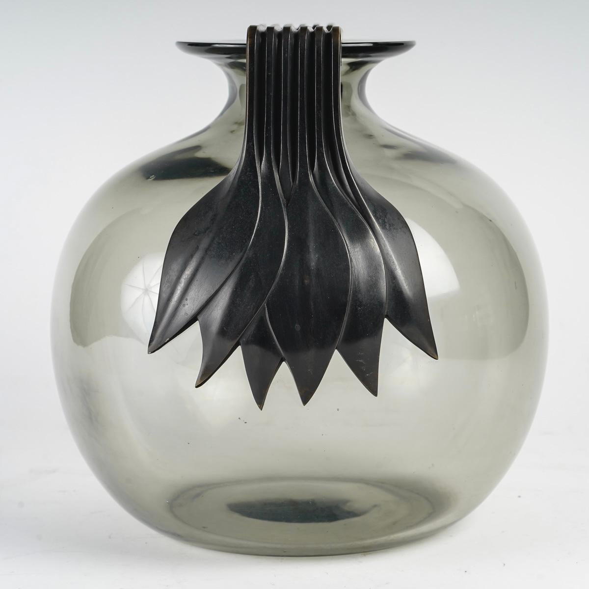 French 1925 Rene Lalique Vase Senlis Grey Glass with Bronze Handles For Sale
