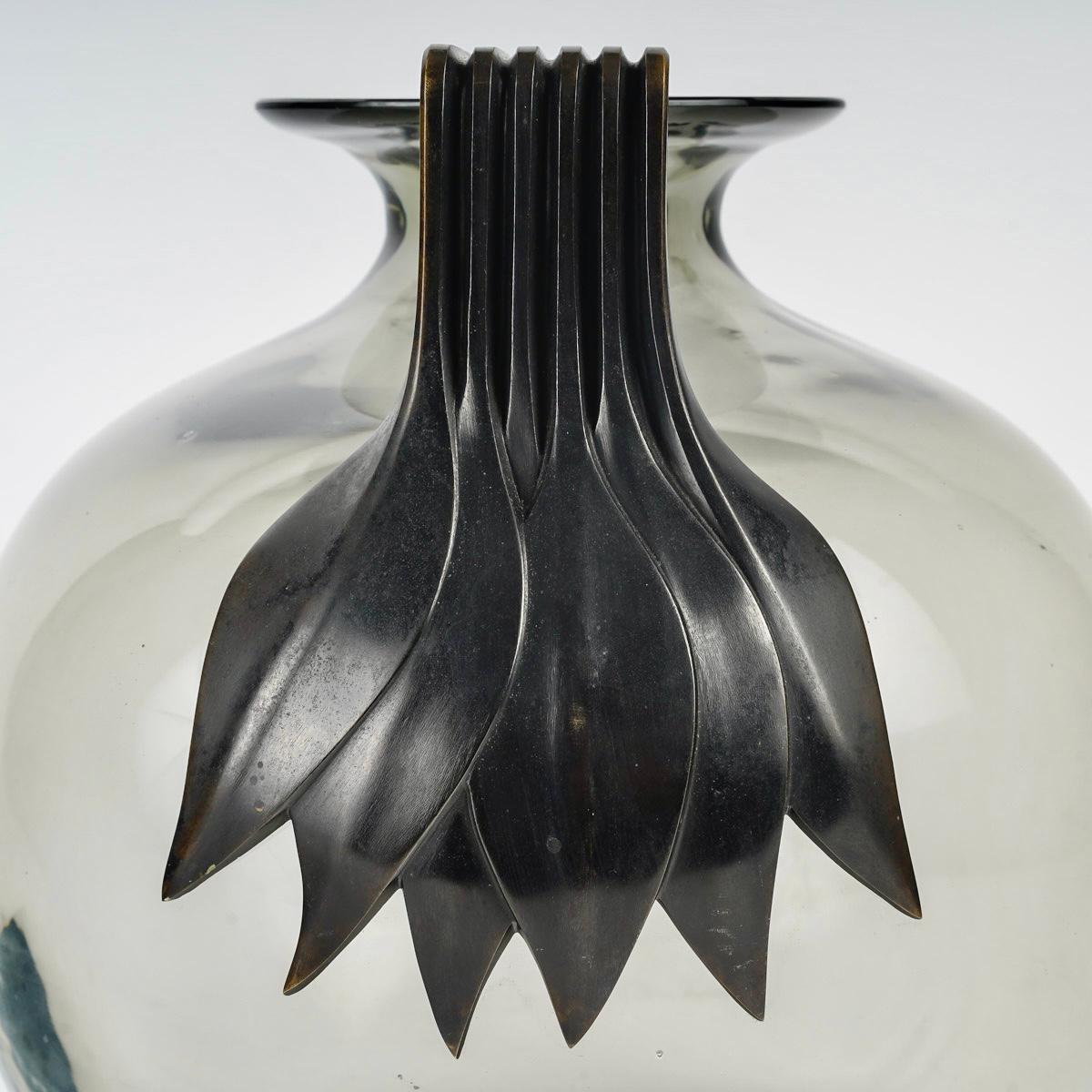 Early 20th Century 1925 Rene Lalique Vase Senlis Grey Glass with Bronze Handles For Sale