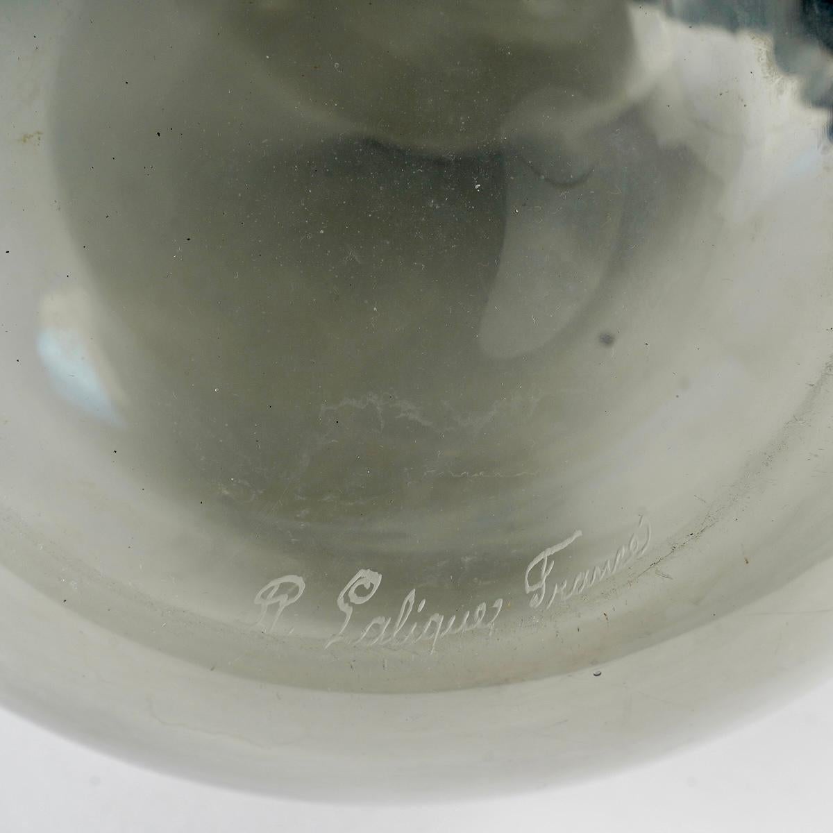 1925 Rene Lalique Vase Senlis Grey Glass with Bronze Handles For Sale 2