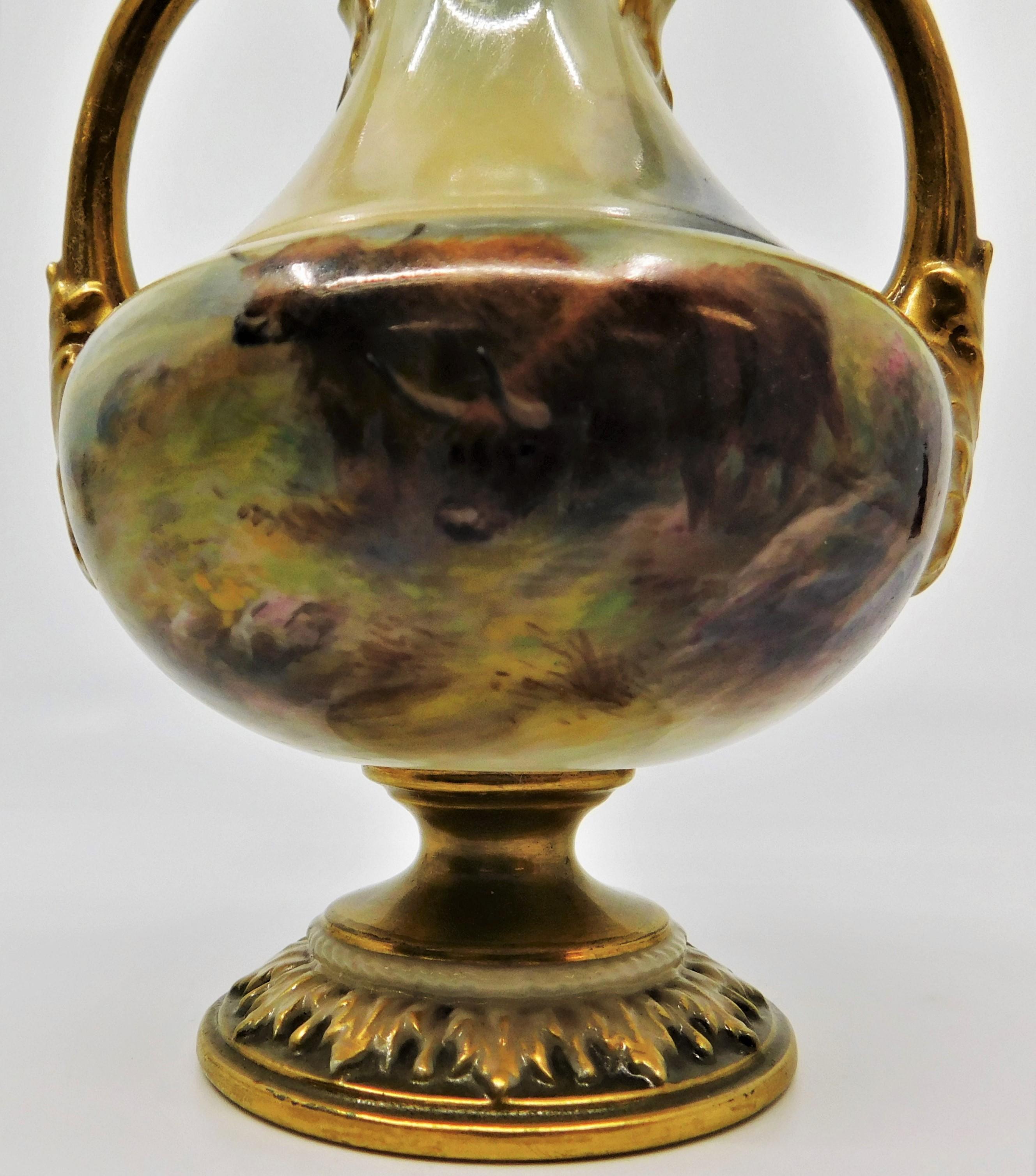 Hand-Painted 1925 Royal Worcester Harry Stinton Hand Painted Highland Cattle Vase