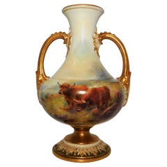 Antique 1925 Royal Worcester Harry Stinton Hand Painted Highland Cattle Vase