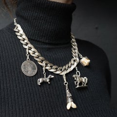 1925 Silver Austrian Charivari or Watch Chain Necklace with Hunting Charm Fobs