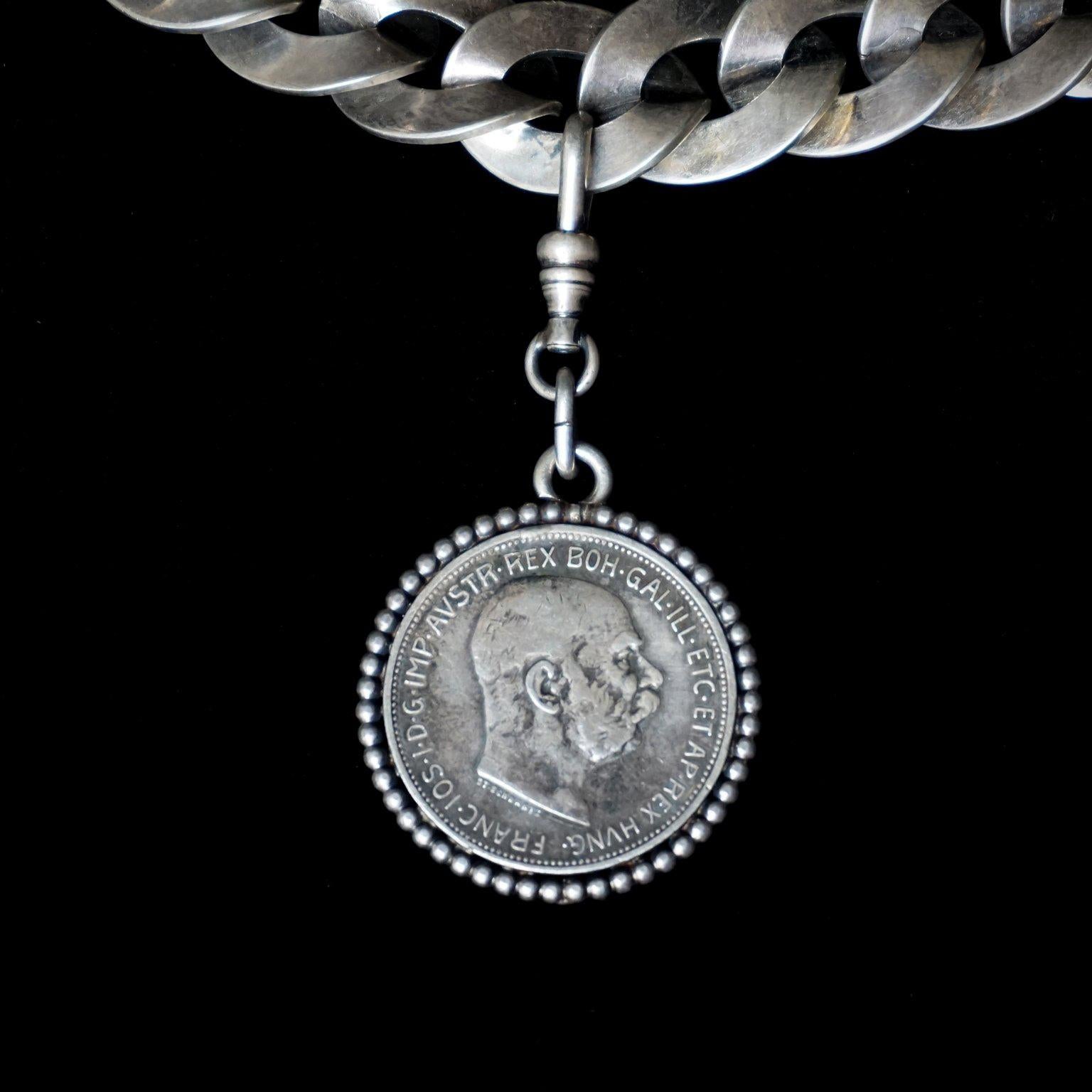1925 Silver Austrian Charivari or Watch Chain Necklace with Hunting Charm Fobs In Good Condition For Sale In Haarlem, NL
