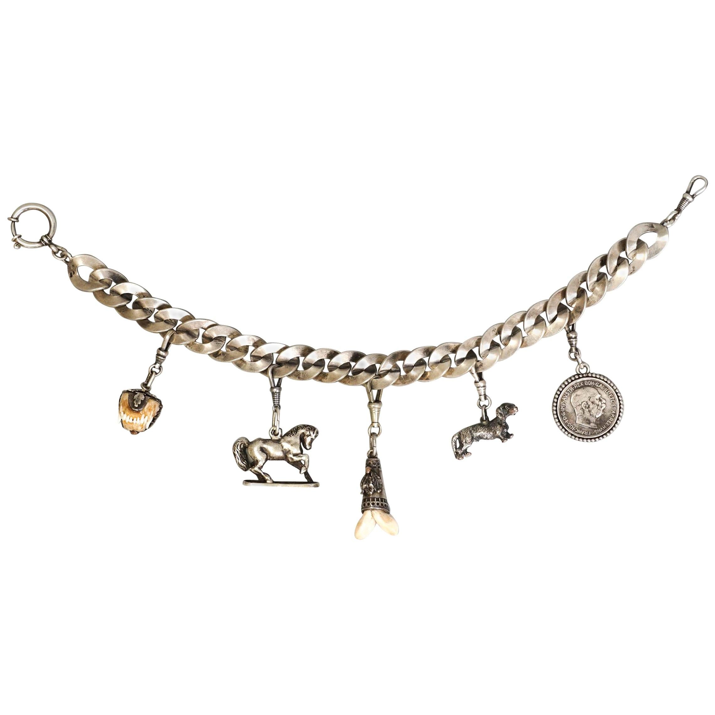 Antique Danish Silver Charm Bracelet with 5 Charms For Sale at 1stDibs