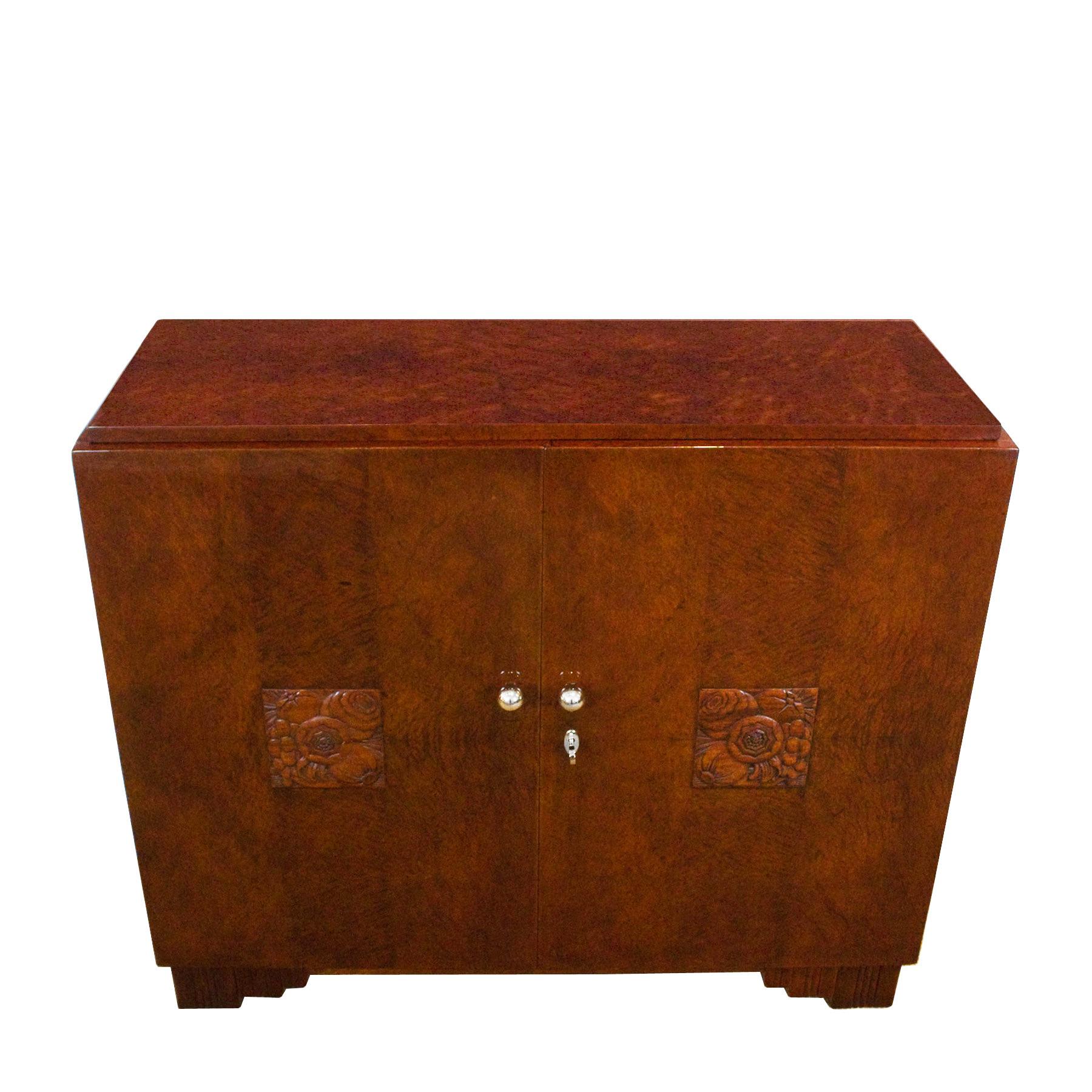 French 1925 Small Art Deco Sideboard, Two Doors, Mottled Mahogany, Brass, France