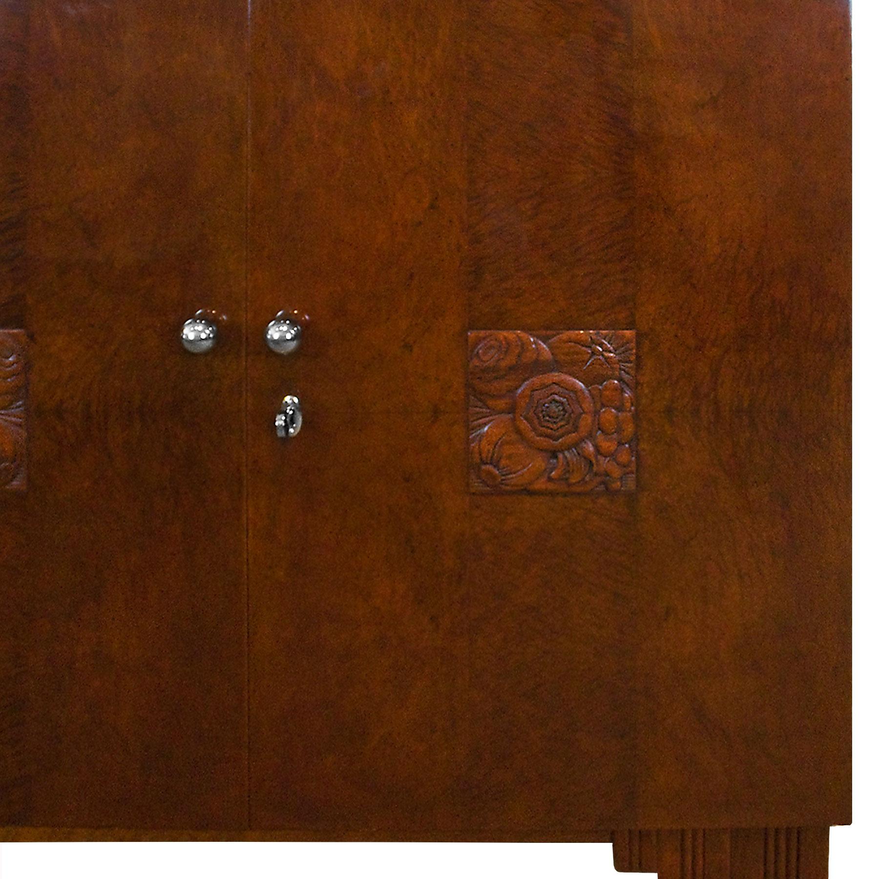 1925 Small Art Deco Sideboard, Two Doors, Mottled Mahogany, Brass, France 1