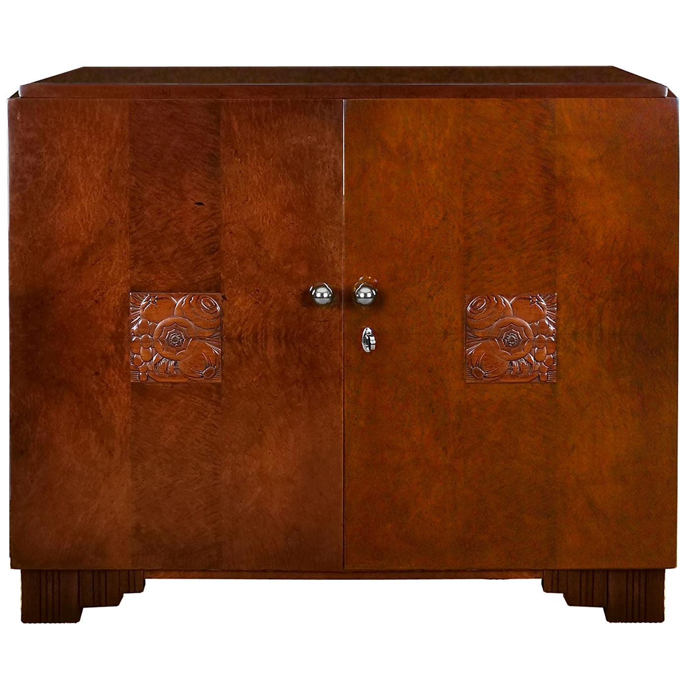 1925 Small Art Deco Sideboard, Two Doors, Mottled Mahogany, Brass, France