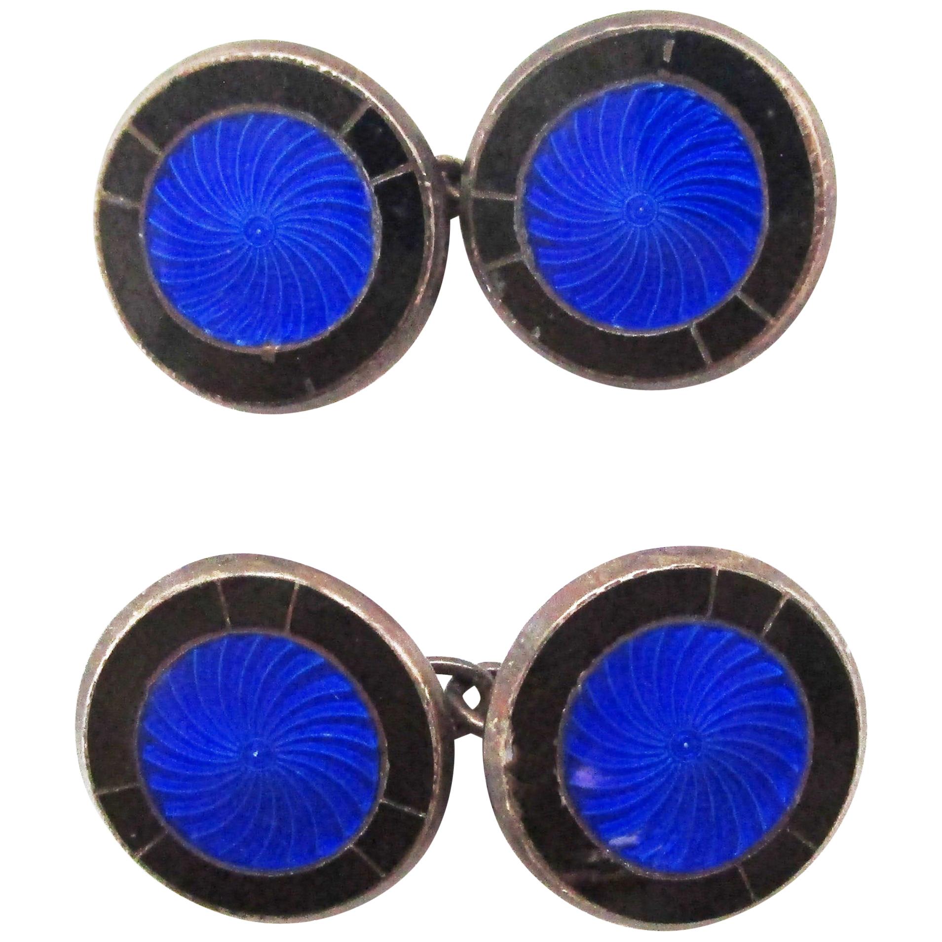 1925 Sterling Silver Art Deco Royal Blue Enamel Cufflinks