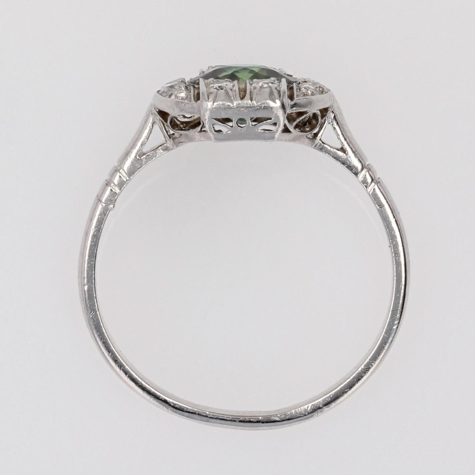 1925s Art Deco 1 Carat Tourmaline Diamonds 18 Karat White Gold Ring For Sale 11