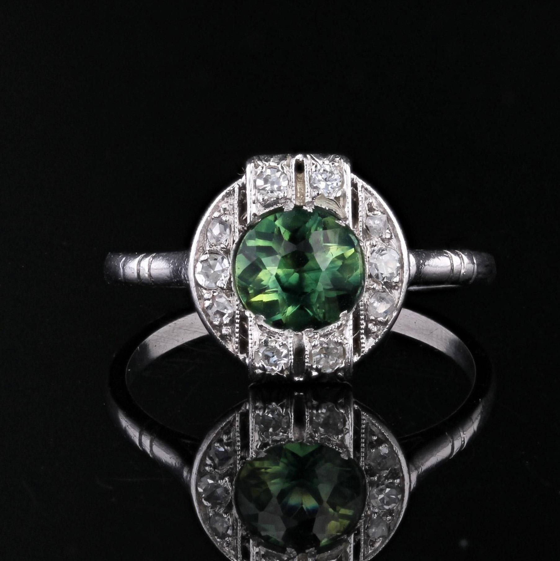 Women's 1925s Art Deco 1 Carat Tourmaline Diamonds 18 Karat White Gold Ring For Sale