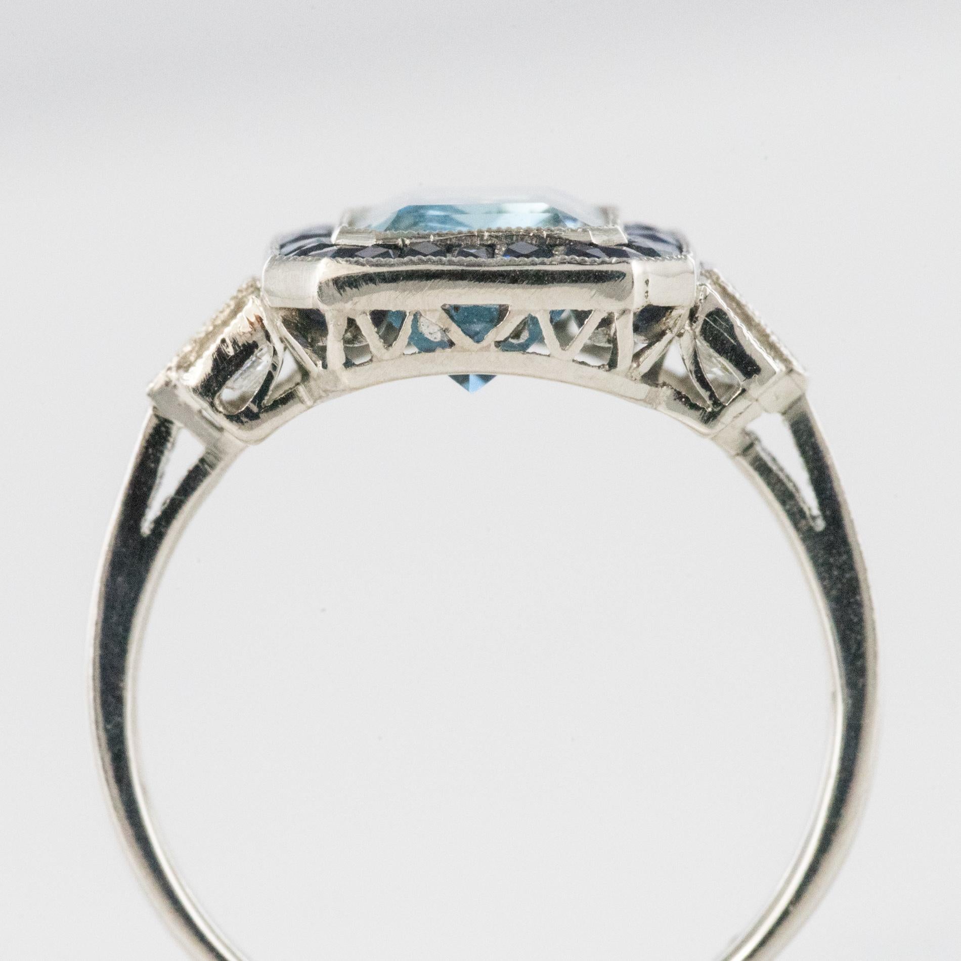 1925s Art Deco 2 Carat Aquamarine Diamonds Calibrated Sapphires Platinum Ring 2