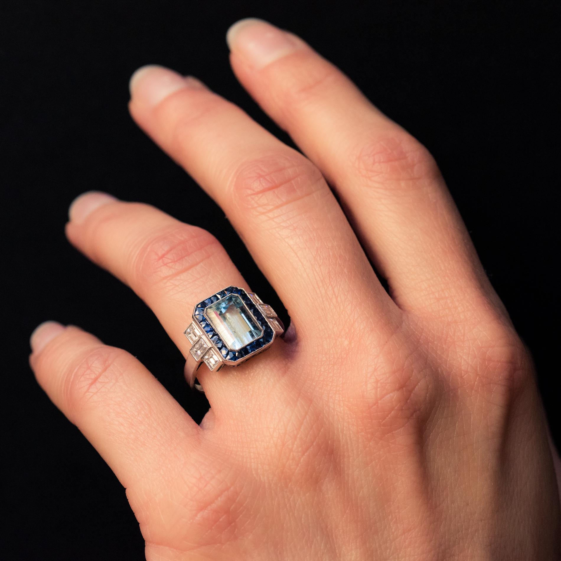 1925s Art Deco 2 Carat Aquamarine Diamonds Calibrated Sapphires Platinum Ring 6