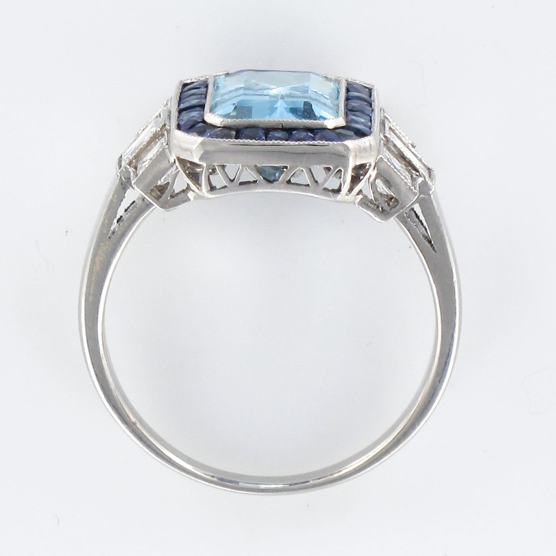 1925s Art Deco 2 Carat Aquamarine Diamonds Calibrated Sapphires Platinum Ring 7