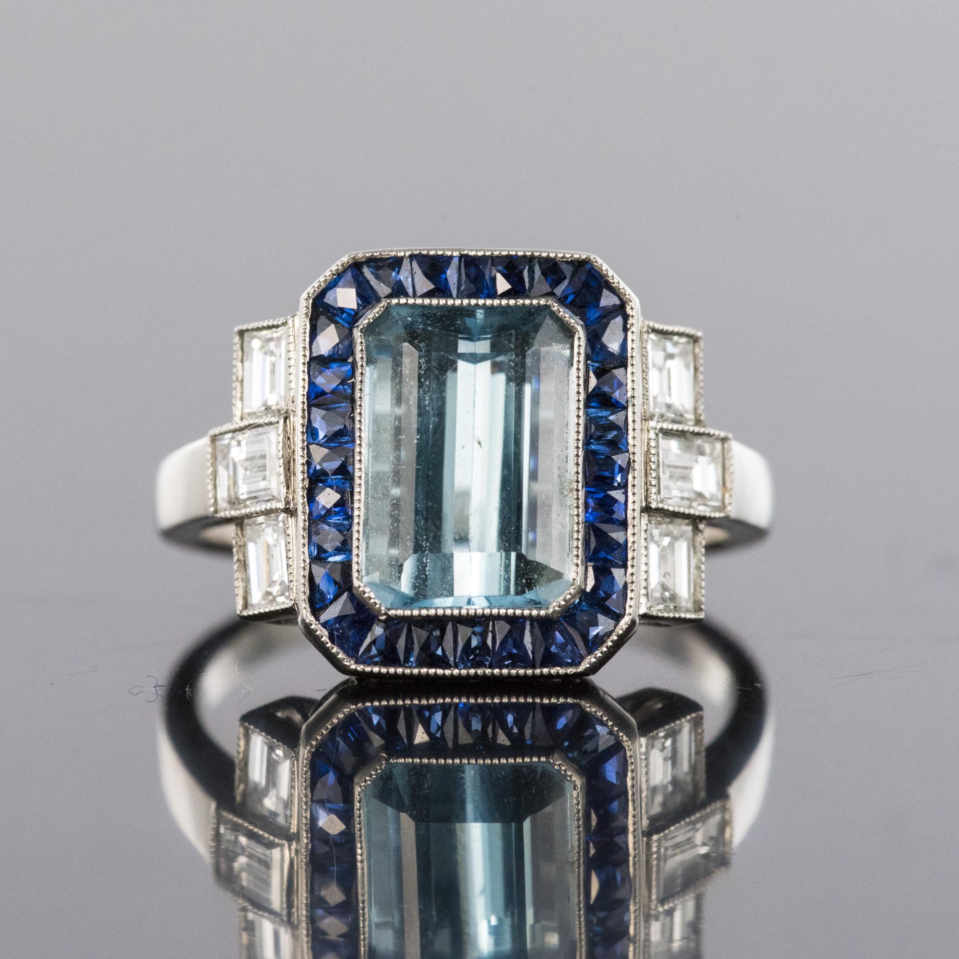 Emerald Cut 1925s Art Deco 2 Carat Aquamarine Diamonds Calibrated Sapphires Platinum Ring