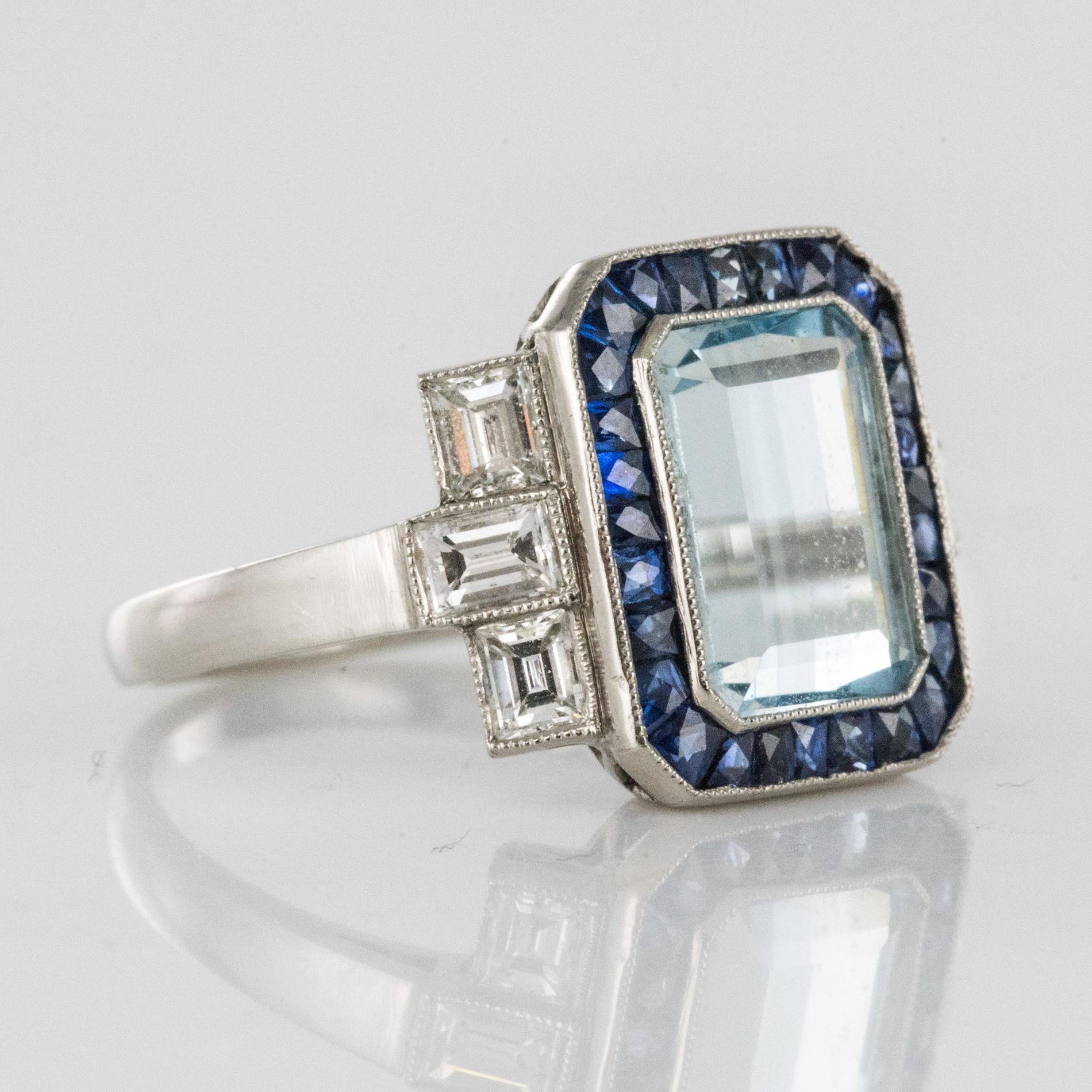 1925s Art Deco 2 Carat Aquamarine Diamonds Calibrated Sapphires Platinum Ring 1