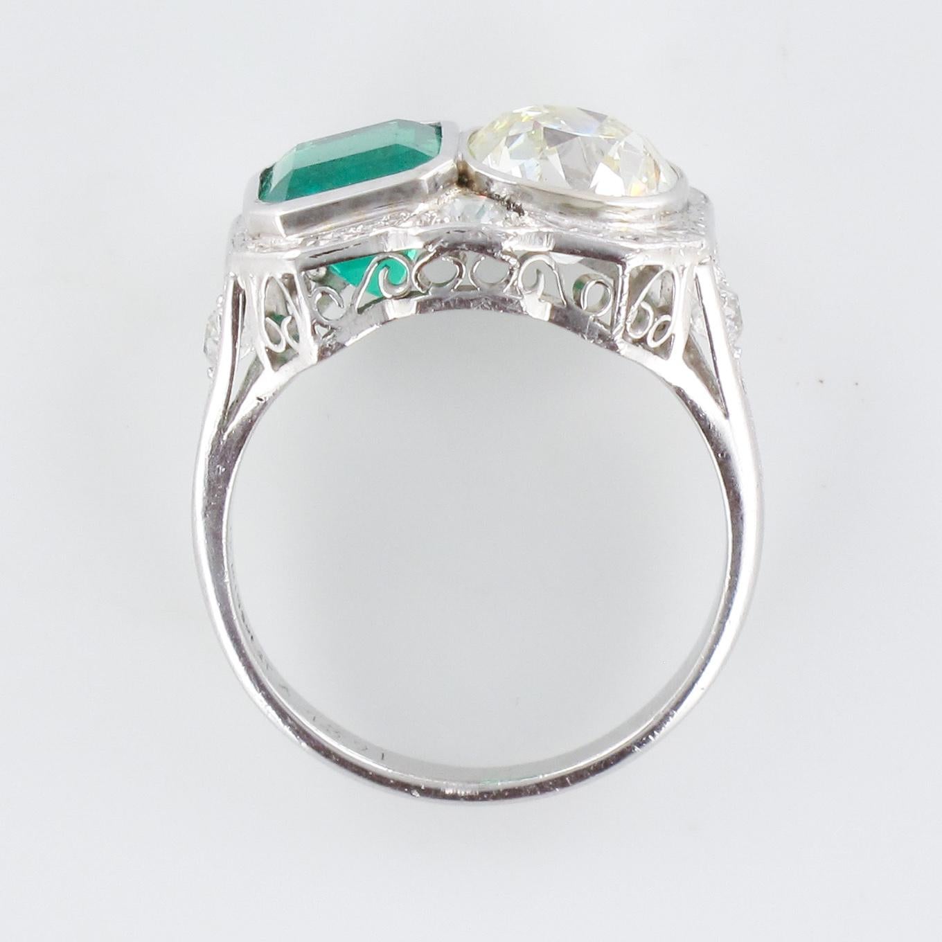 1925s Art Deco 2 Carat Emeralds 2.20 Carat Diamonds Platinum Ring For Sale 8
