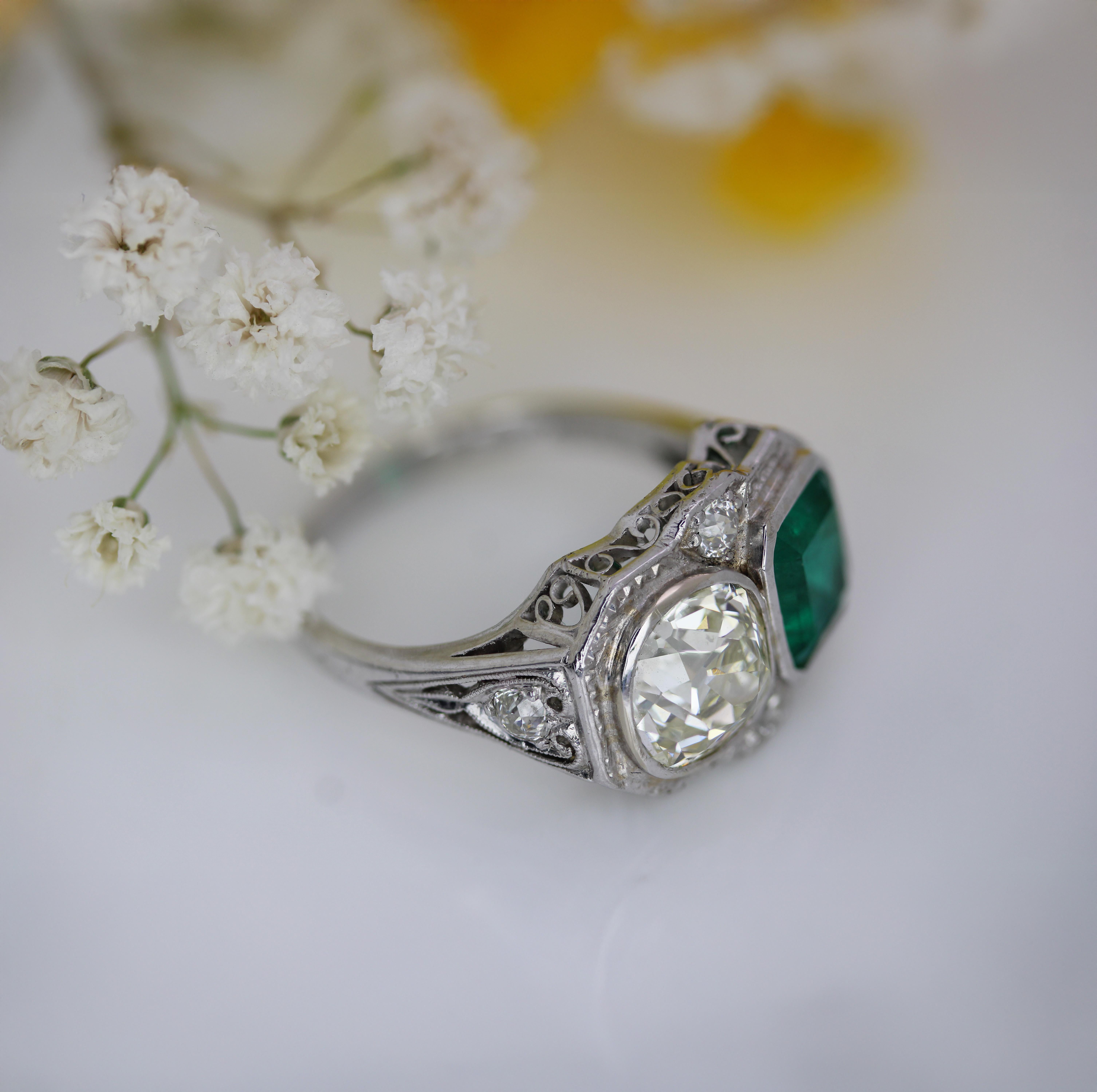 1925s Art Deco 2 Carat Emeralds 2.20 Carat Diamonds Platinum Ring For Sale 9
