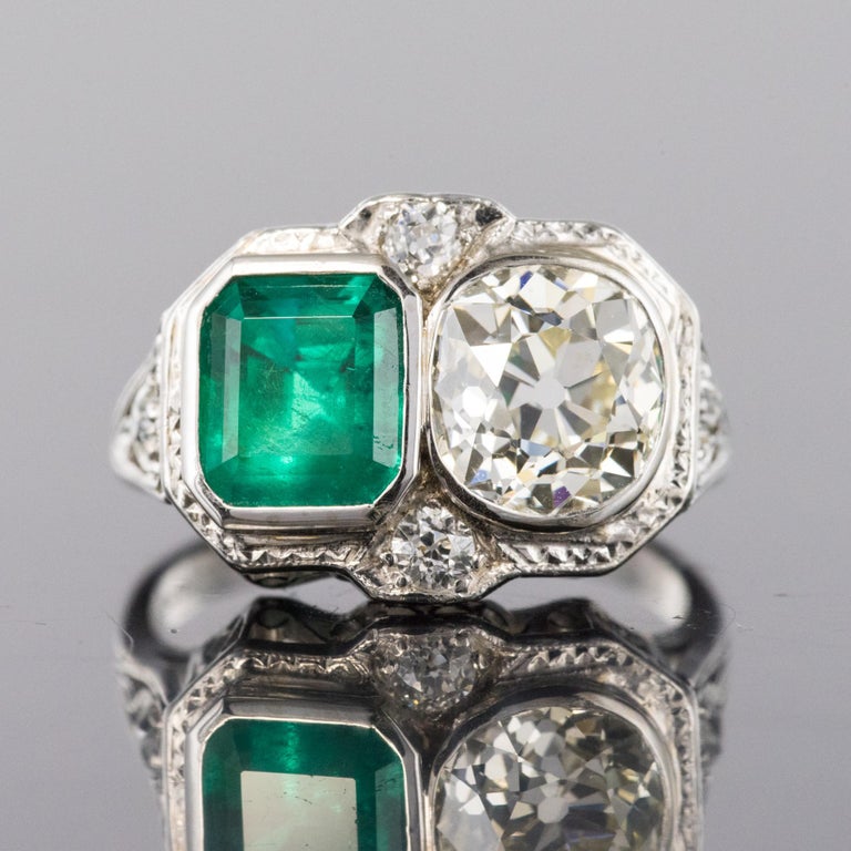 1925s Art Deco 2 Carat Emeralds 2.20 Carat Diamonds Platinum Ring For ...