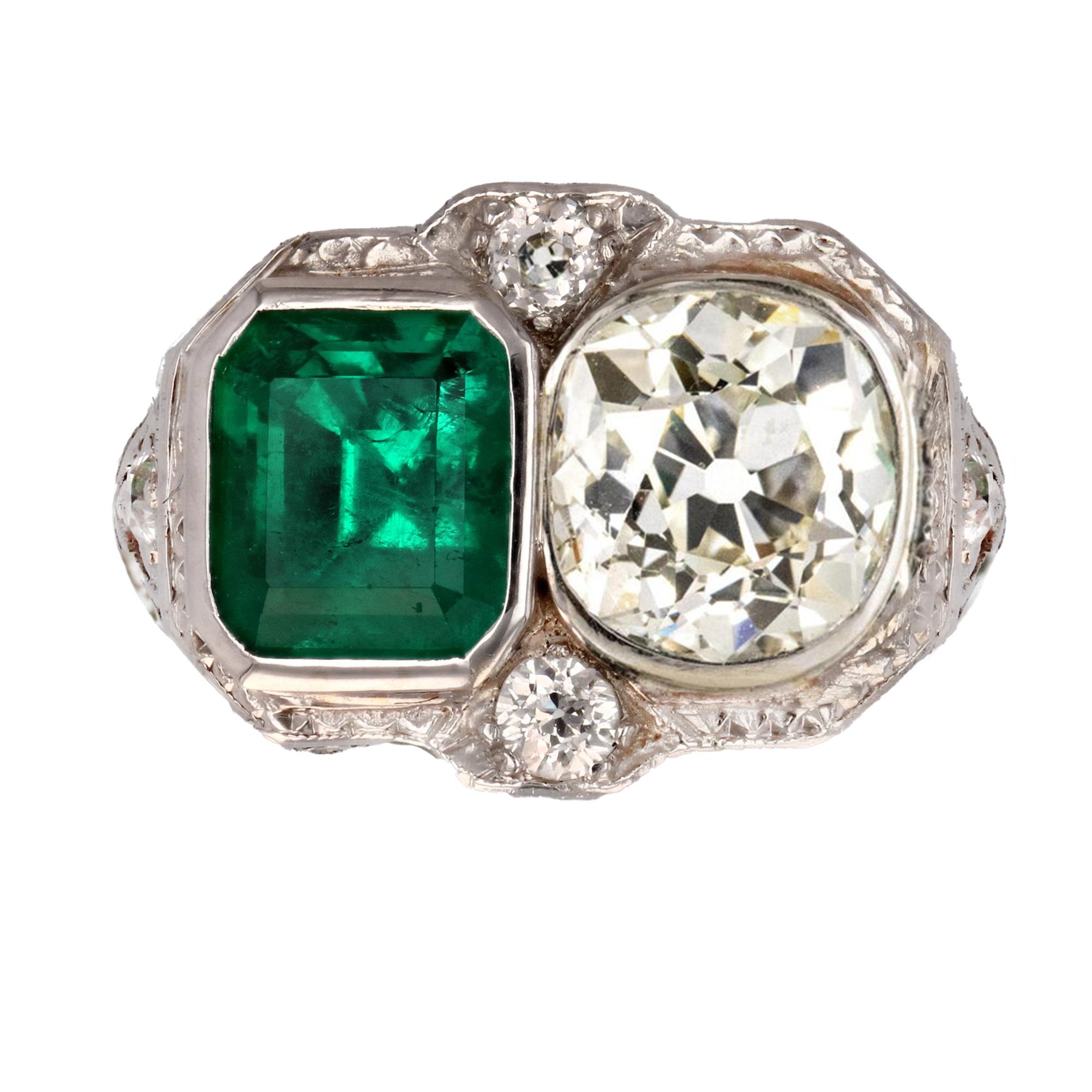 1925s Art Deco 2 Carat Emeralds 2.20 Carat Diamonds Platinum Ring