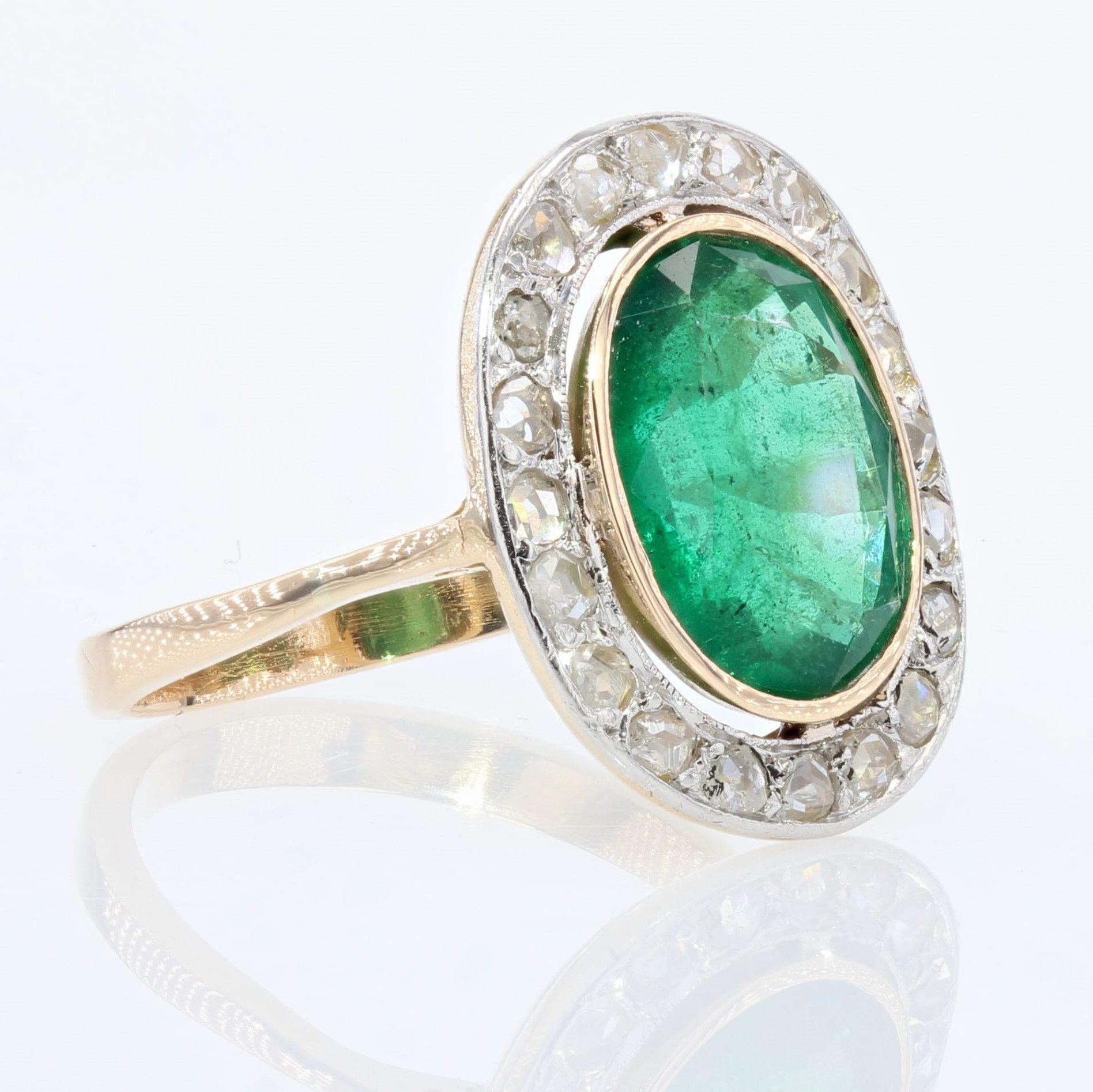 1925s Art Deco 3.14 Carat Emerald Diamonds 18 Karat Yellow Gold Oval Ring 4
