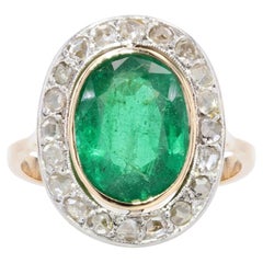 1925s Art Deco 3.14 Carat Emerald Diamonds 18 Karat Yellow Gold Oval Ring