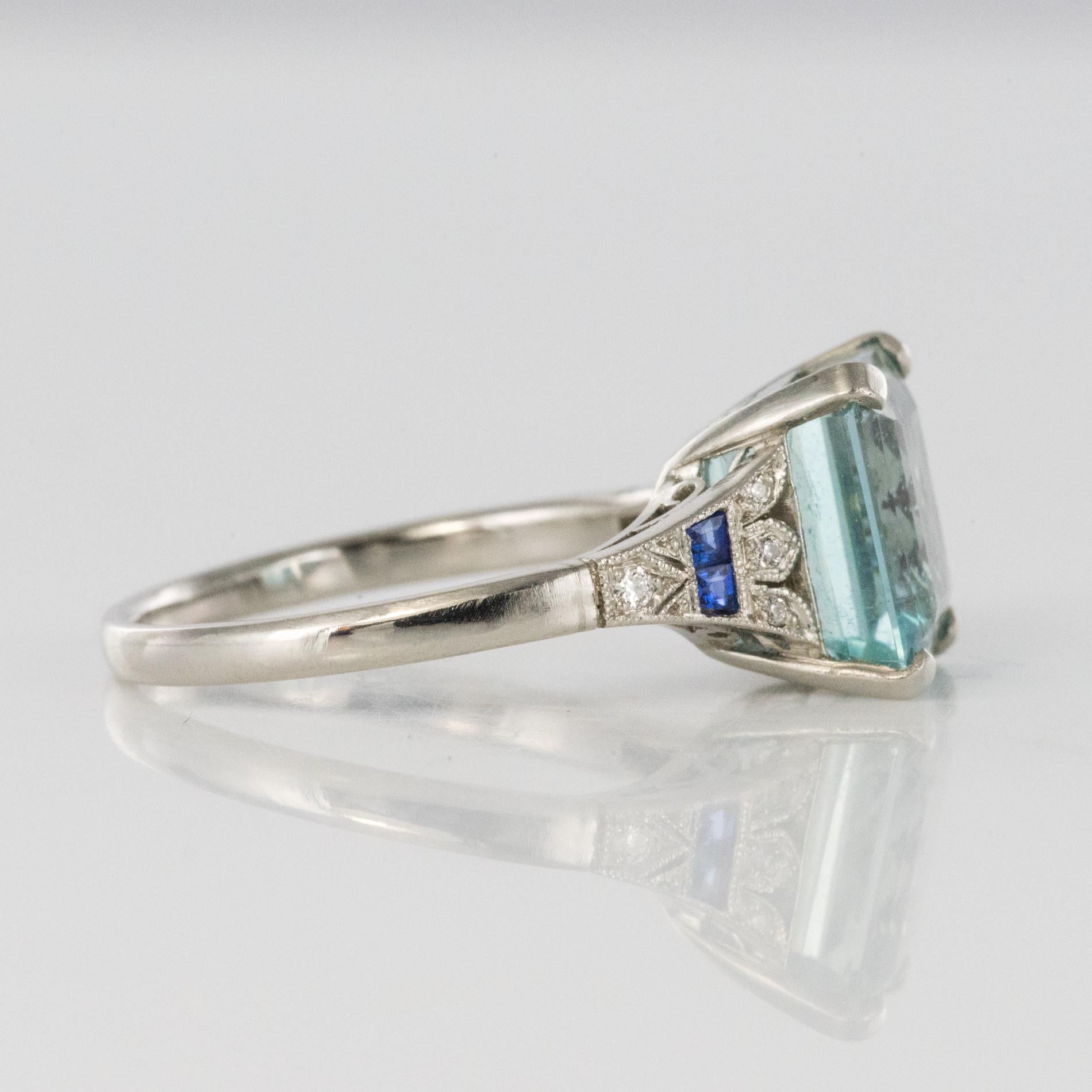 1925 Art Deco 3.50 Carat Aquamarine Diamonds Sapphires Platinum Ring 6