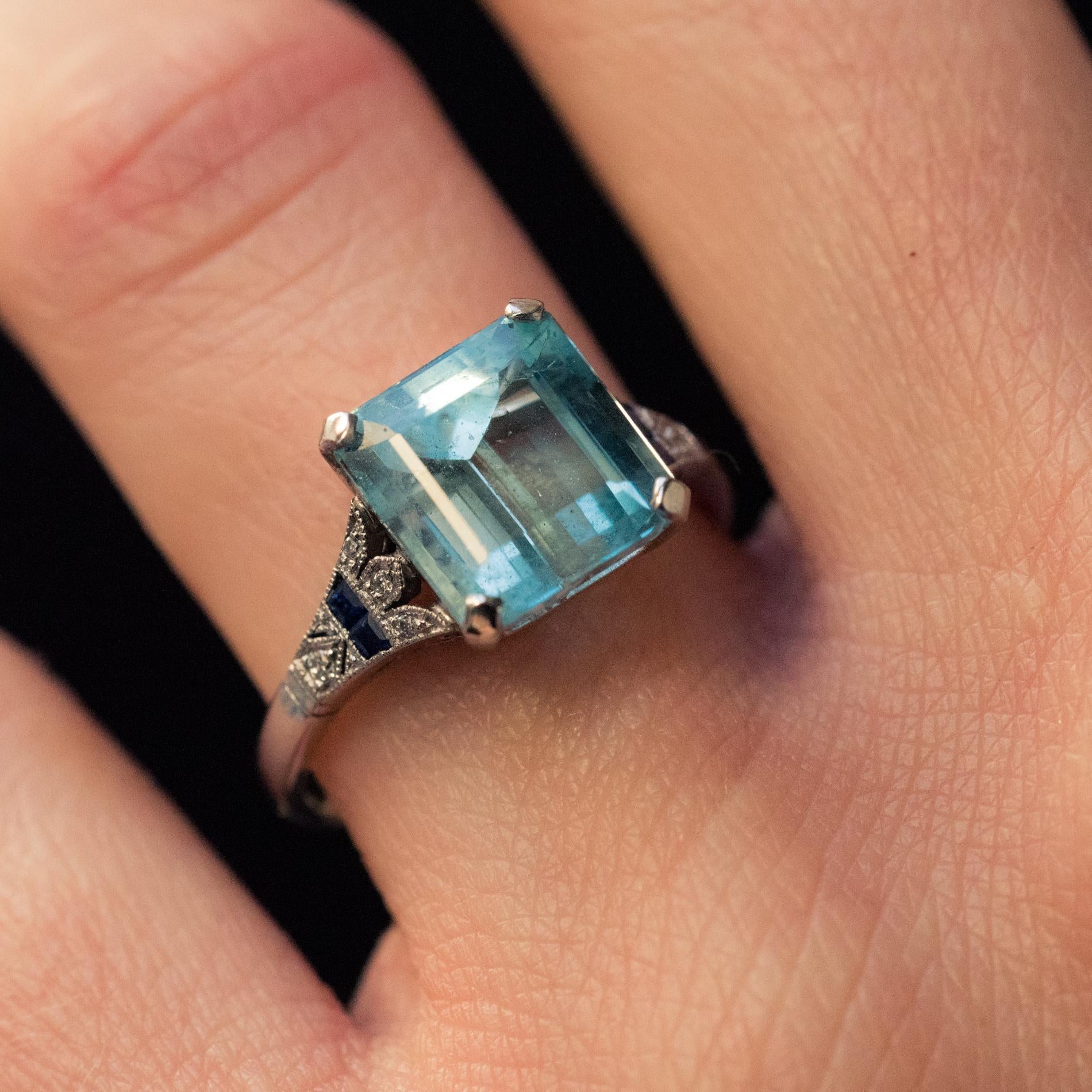 1925 Art Deco 3.50 Carat Aquamarine Diamonds Sapphires Platinum Ring 7