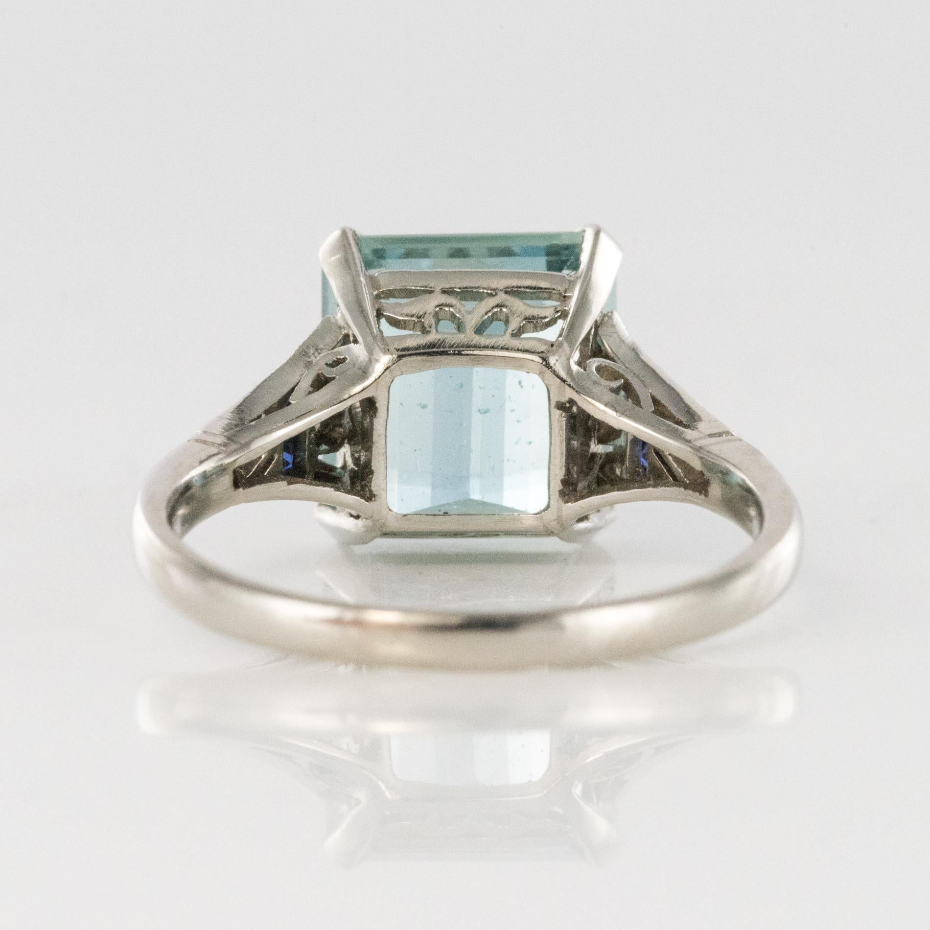 1925 Art Deco 3.50 Carat Aquamarine Diamonds Sapphires Platinum Ring 8