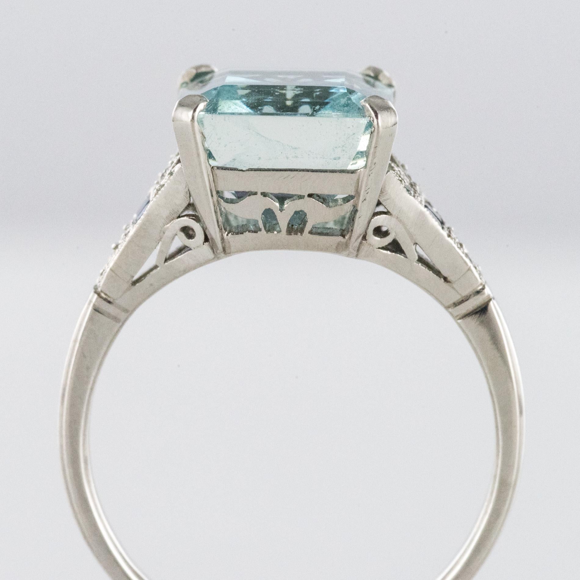 1925 Art Deco 3.50 Carat Aquamarine Diamonds Sapphires Platinum Ring 9