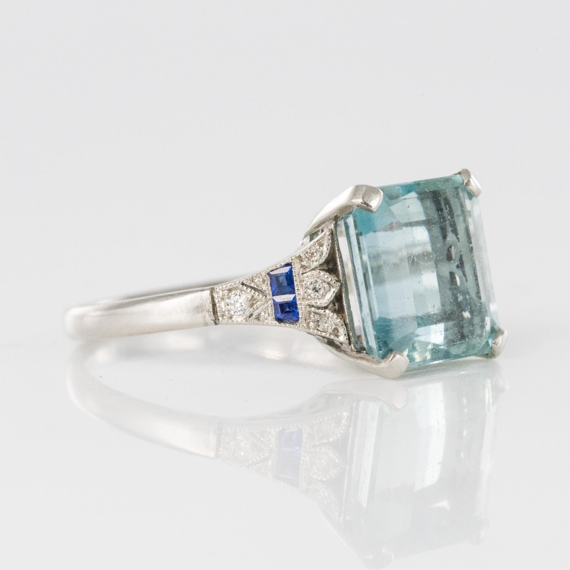 1925 Art Deco 3.50 Carat Aquamarine Diamonds Sapphires Platinum Ring 10