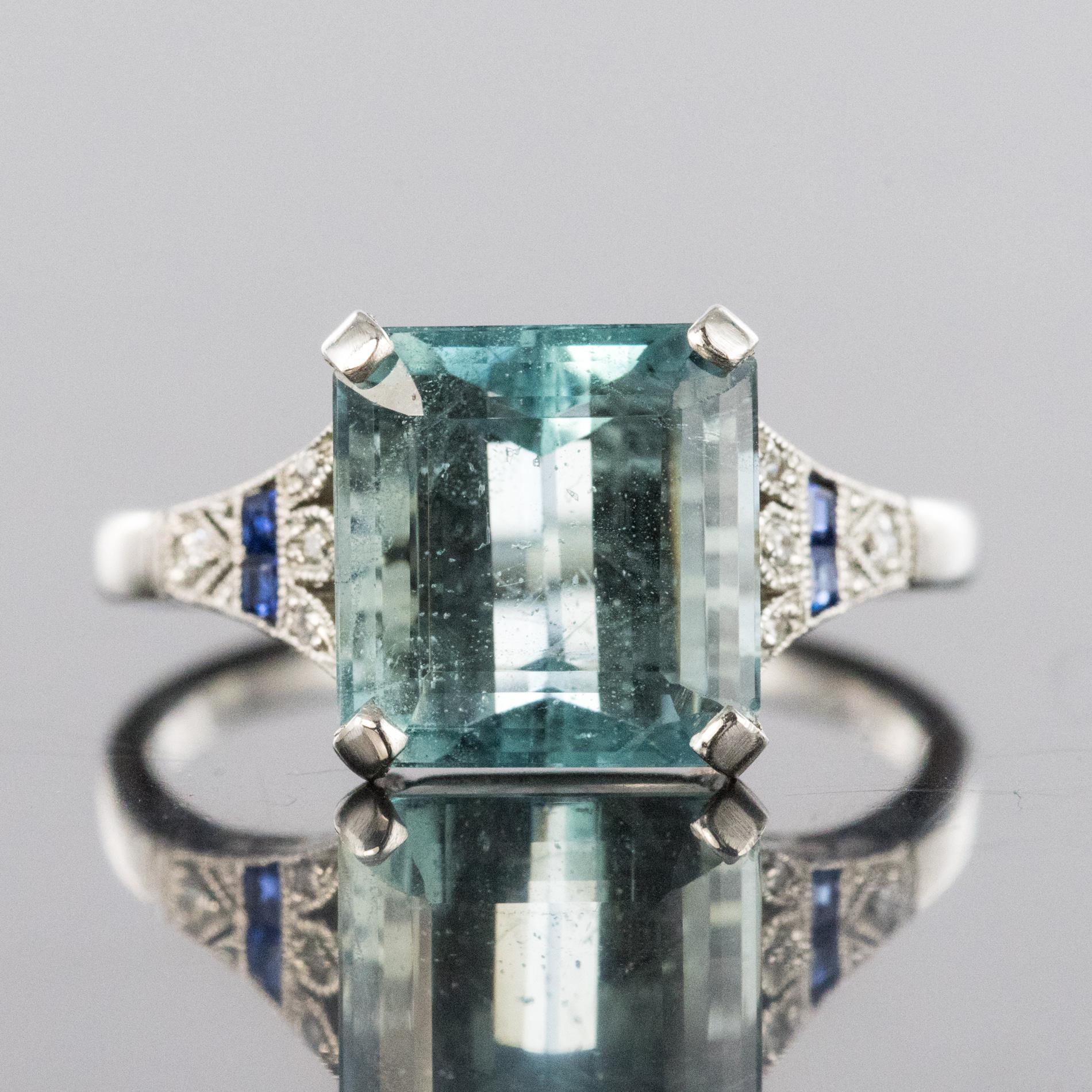 Emerald Cut 1925 Art Deco 3.50 Carat Aquamarine Diamonds Sapphires Platinum Ring