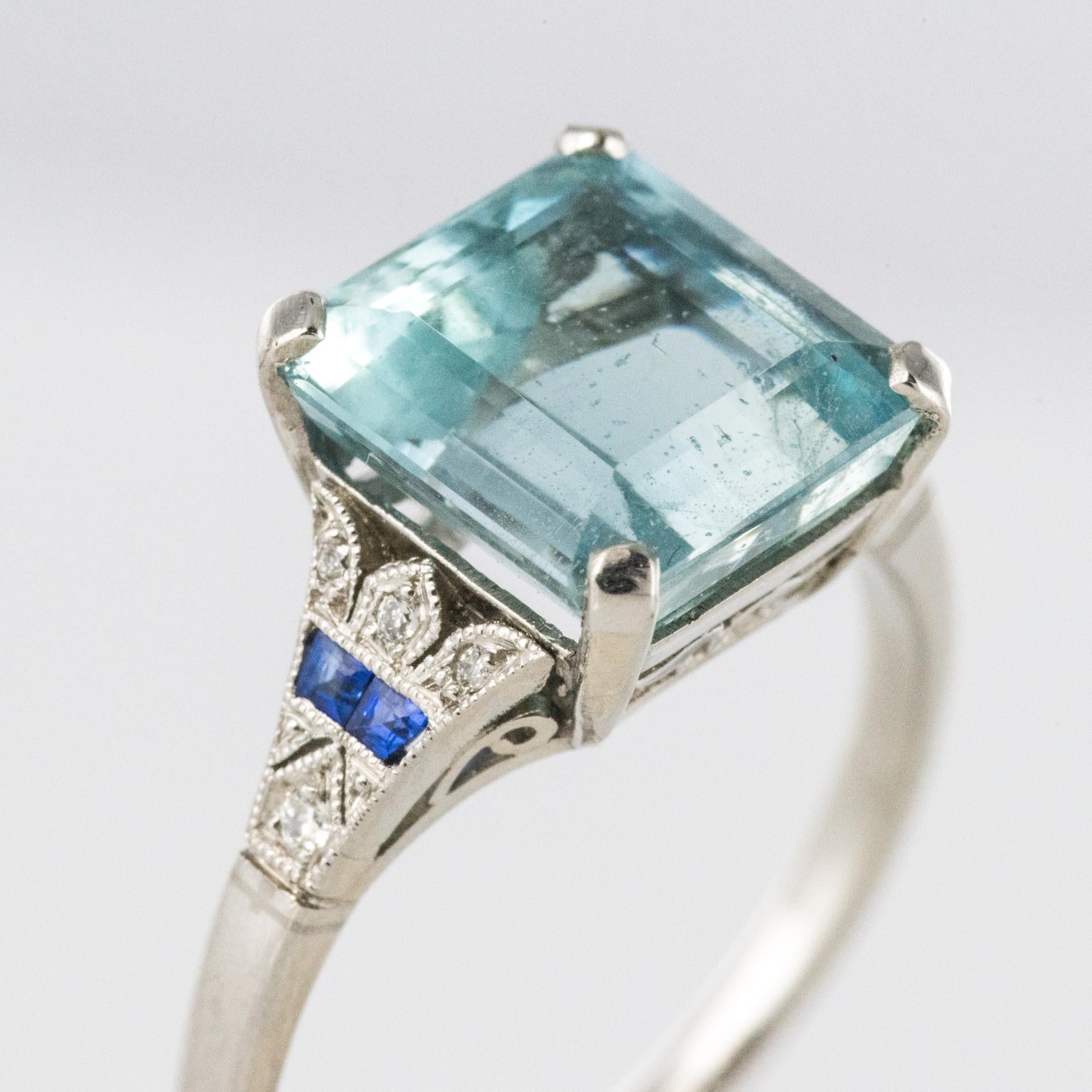 Women's 1925 Art Deco 3.50 Carat Aquamarine Diamonds Sapphires Platinum Ring