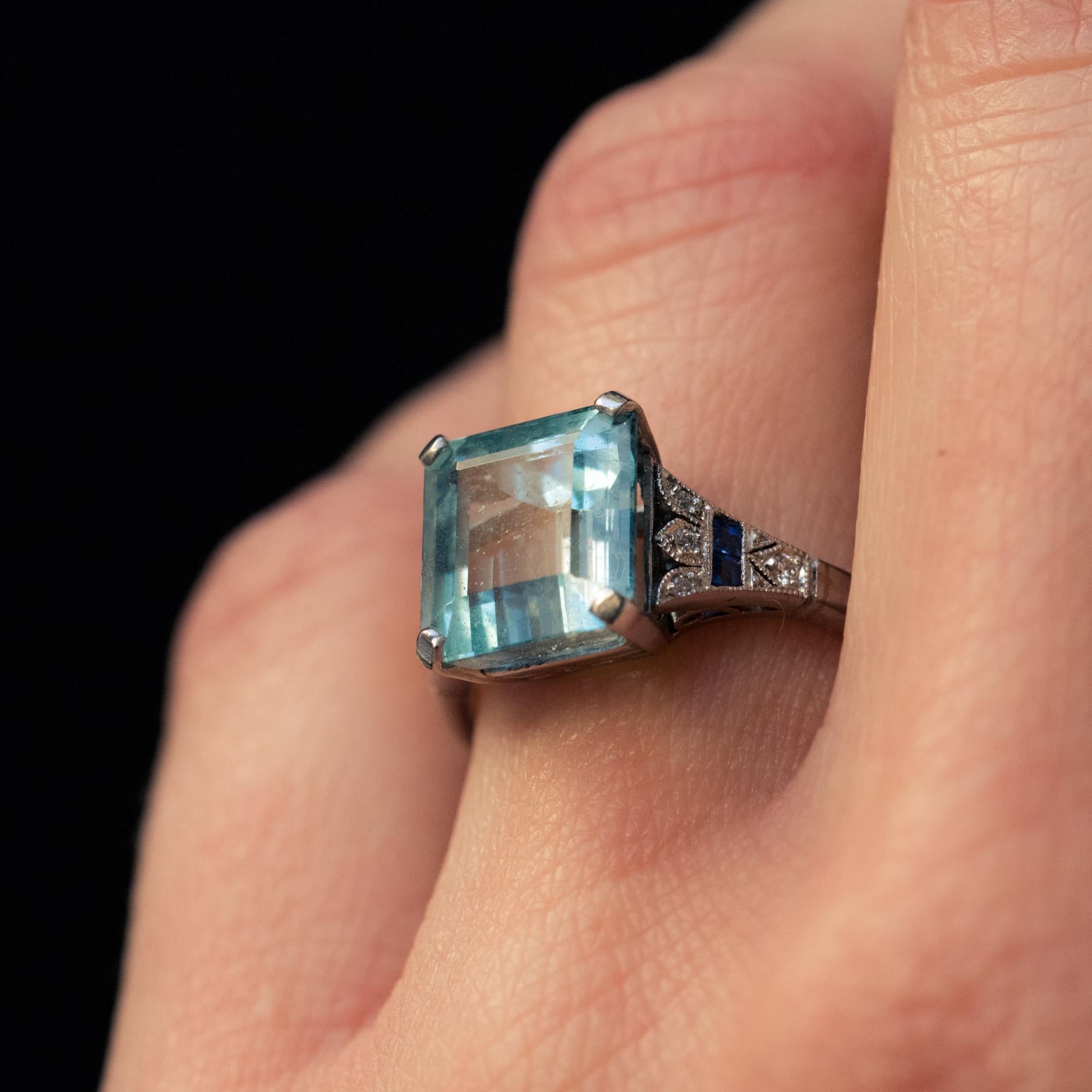1925 Art Deco 3.50 Carat Aquamarine Diamonds Sapphires Platinum Ring 1