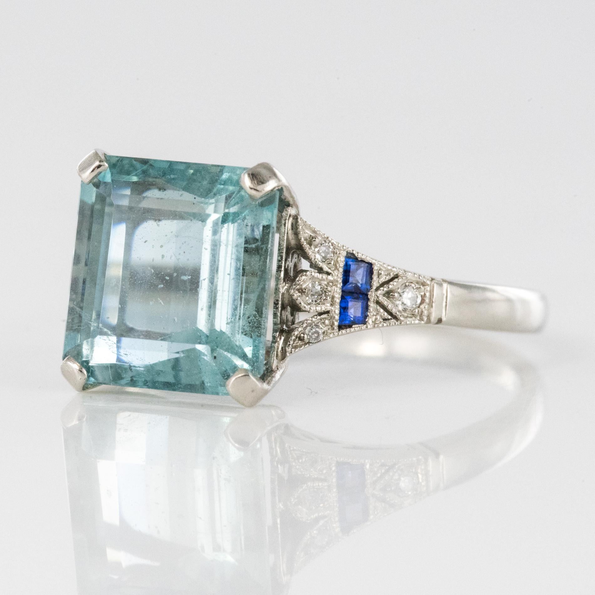 1925 Art Deco 3.50 Carat Aquamarine Diamonds Sapphires Platinum Ring 2