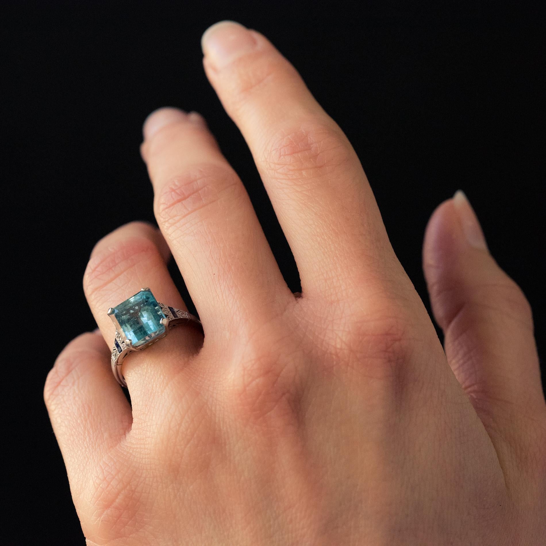 1925 Art Deco 3.50 Carat Aquamarine Diamonds Sapphires Platinum Ring 3