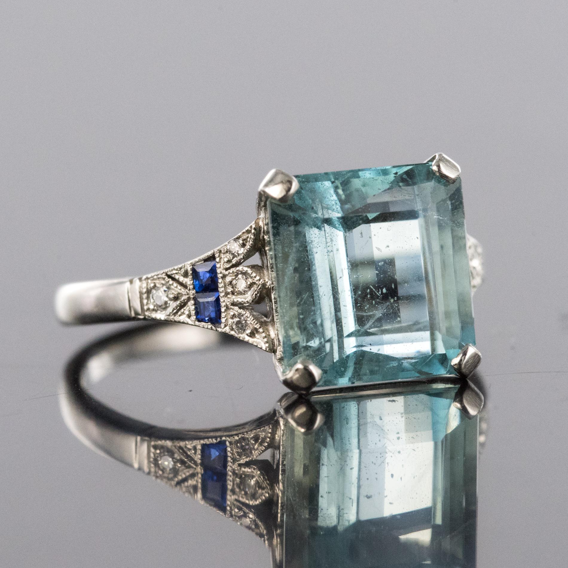 1925 Art Deco 3.50 Carat Aquamarine Diamonds Sapphires Platinum Ring 4