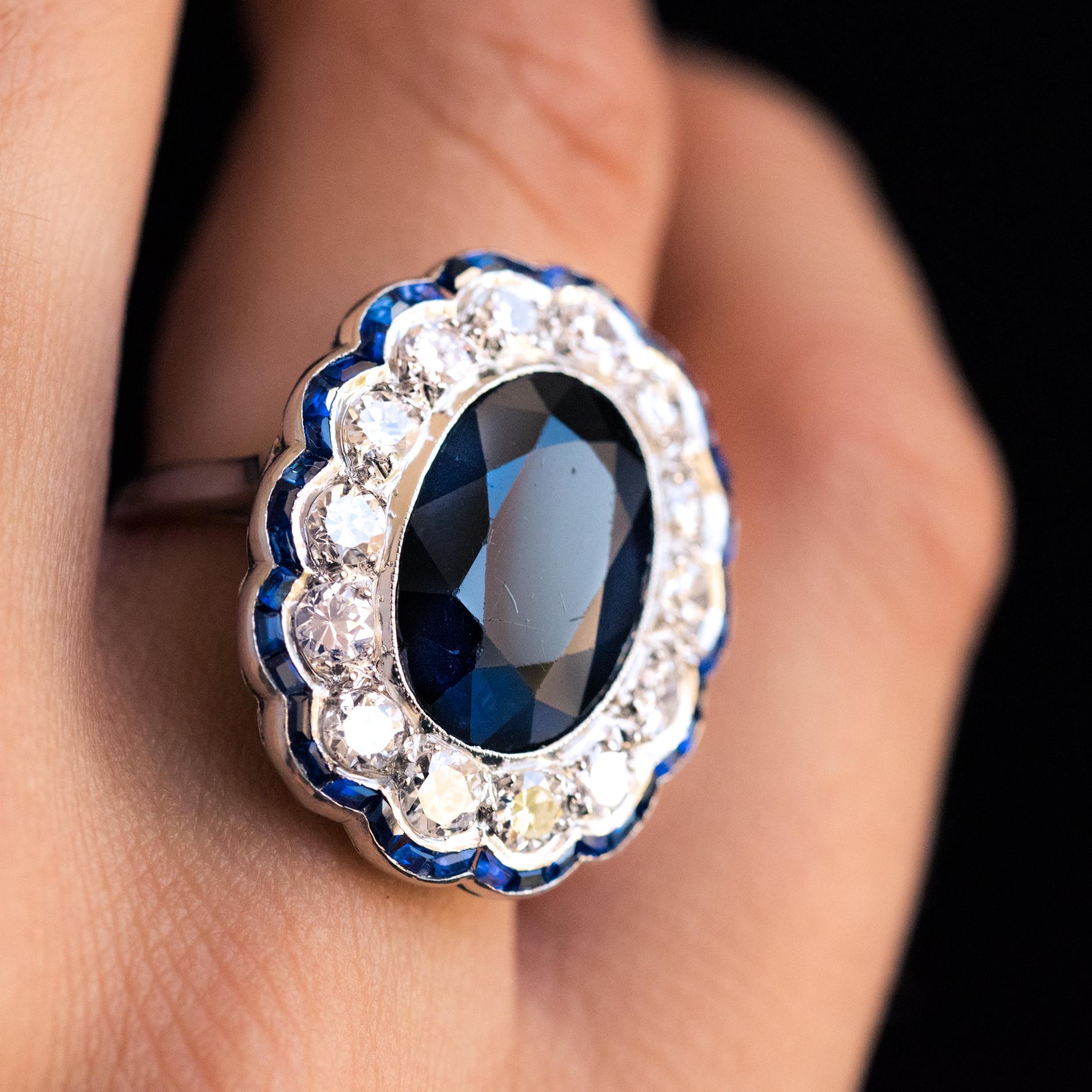 1925s Art Deco 8.40 Carat Sapphire Diamonds Calibrated Sapphires Platinum Ring 7