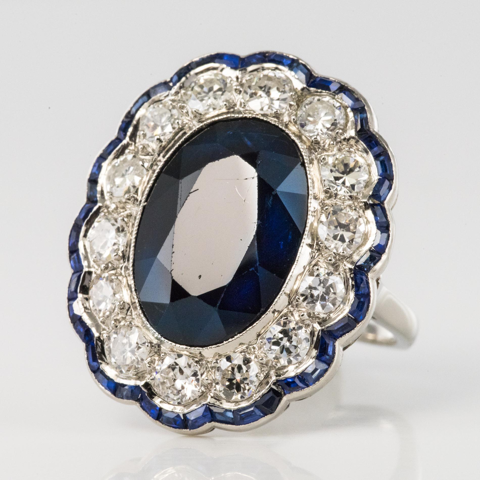Brilliant Cut 1925s Art Deco 8.40 Carat Sapphire Diamonds Calibrated Sapphires Platinum Ring