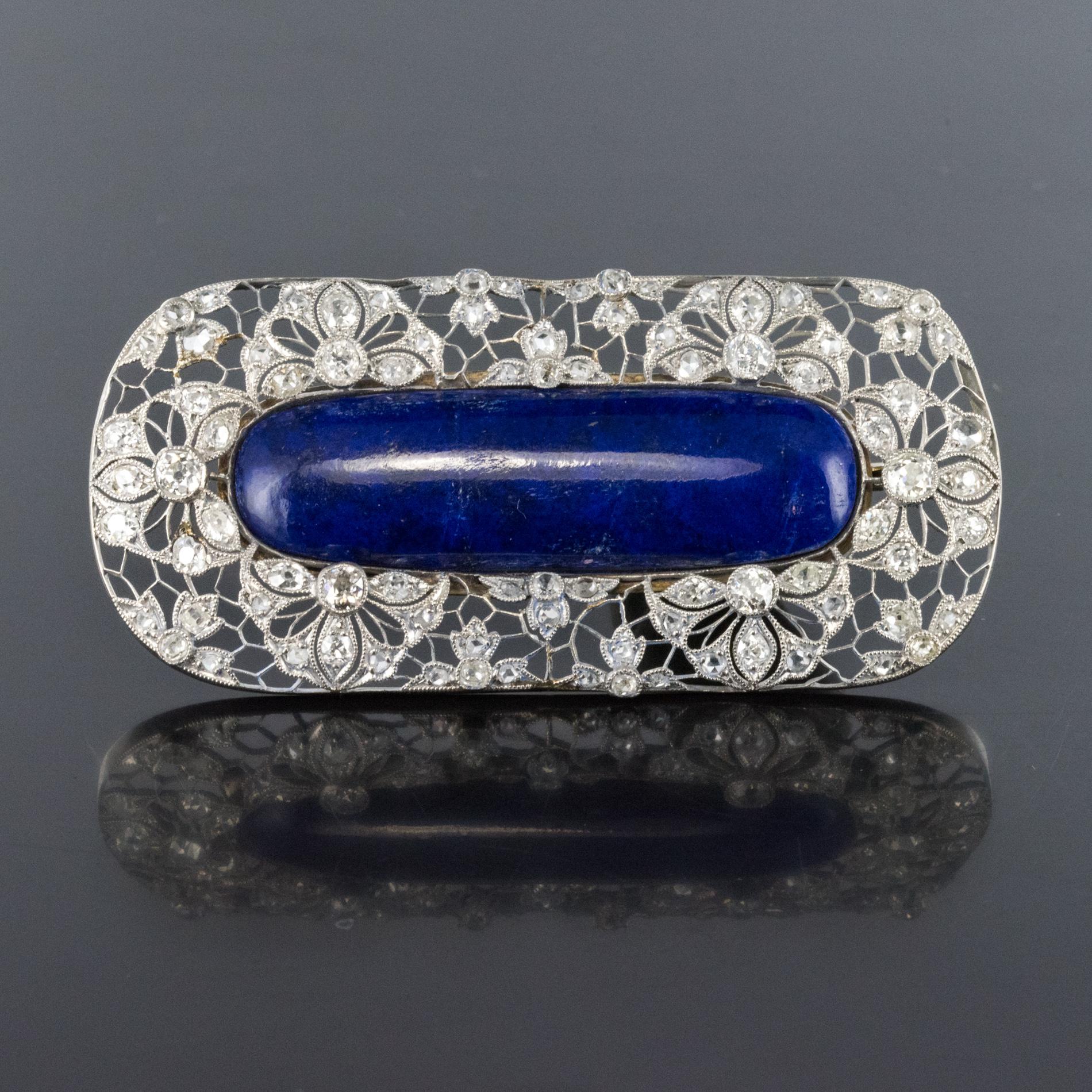 1925s Art Deco Antique Diamond Lapis Lazuli Platinum Brooch For Sale 5