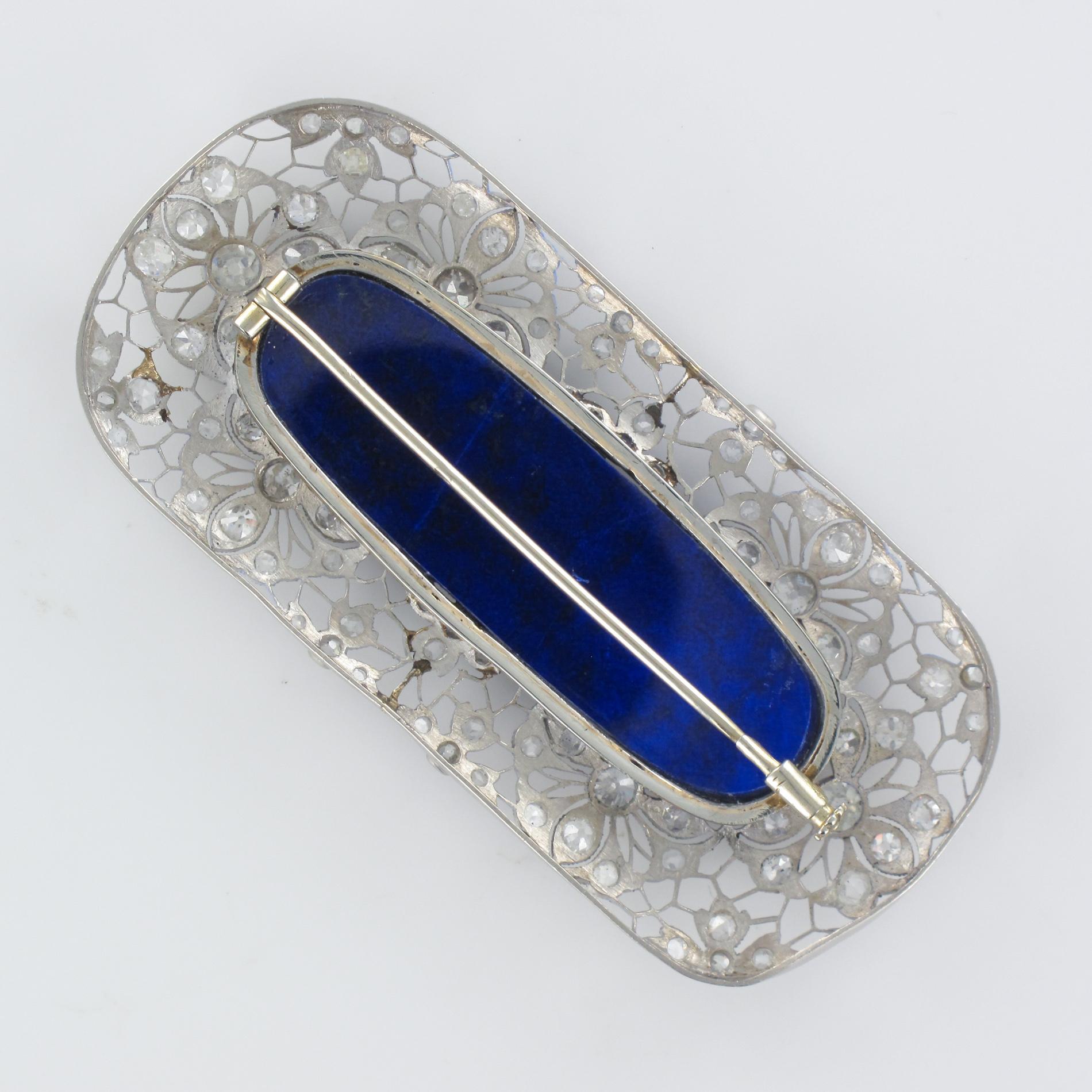 1925s Art Deco Antique Diamond Lapis Lazuli Platinum Brooch For Sale 6