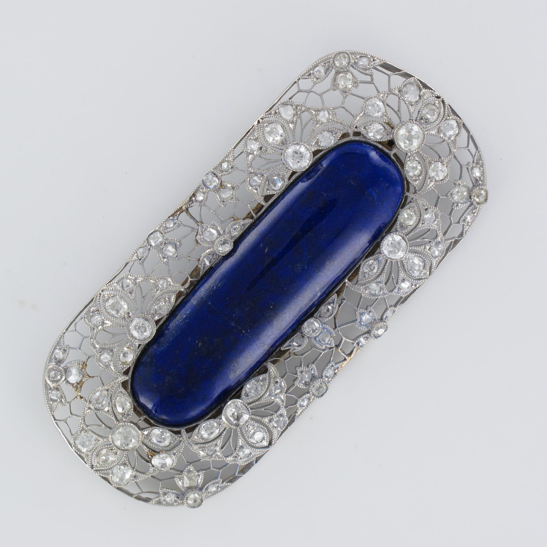 1925s Art Deco Antique Diamond Lapis Lazuli Platinum Brooch For Sale 9