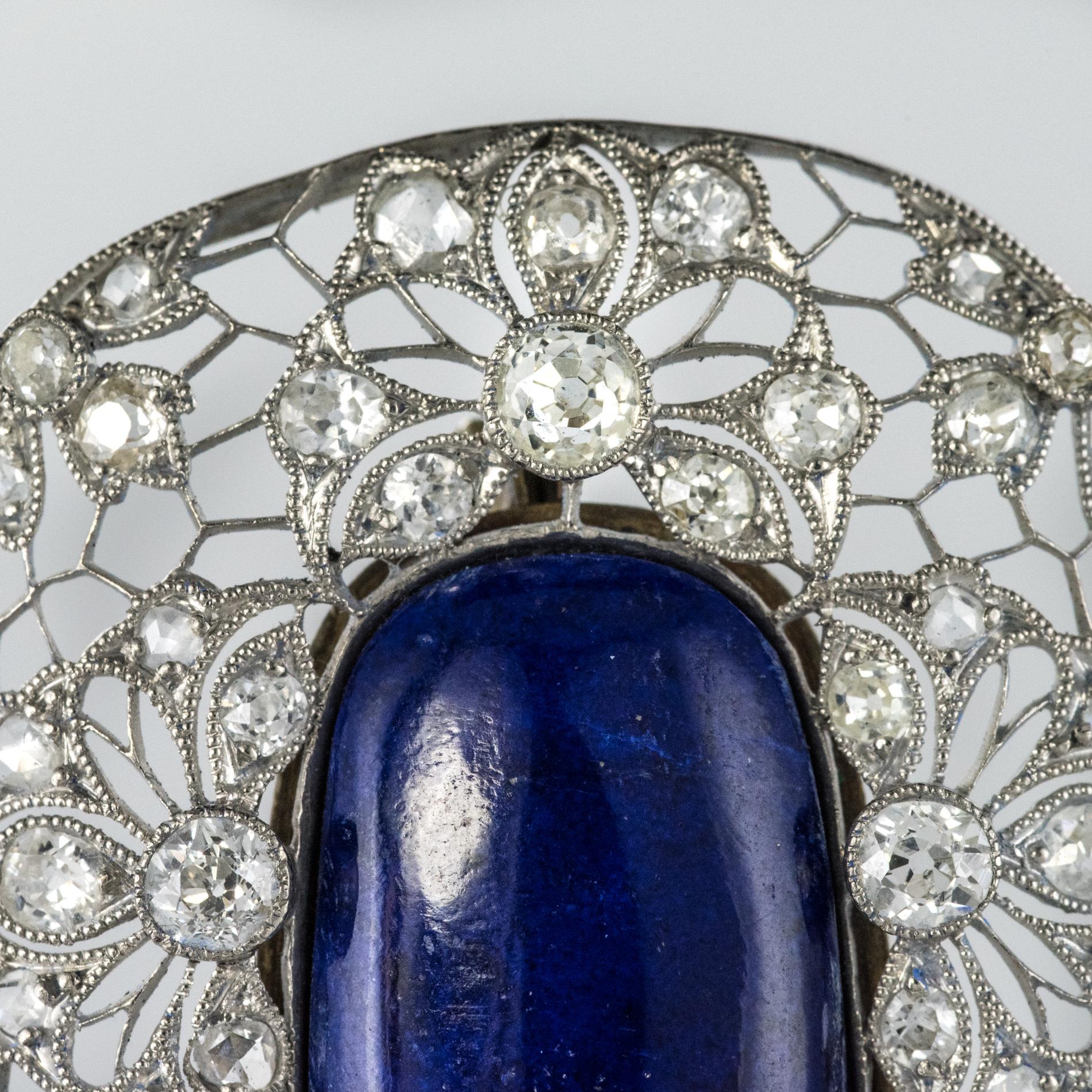 Rose Cut 1925s Art Deco Antique Diamond Lapis Lazuli Platinum Brooch For Sale